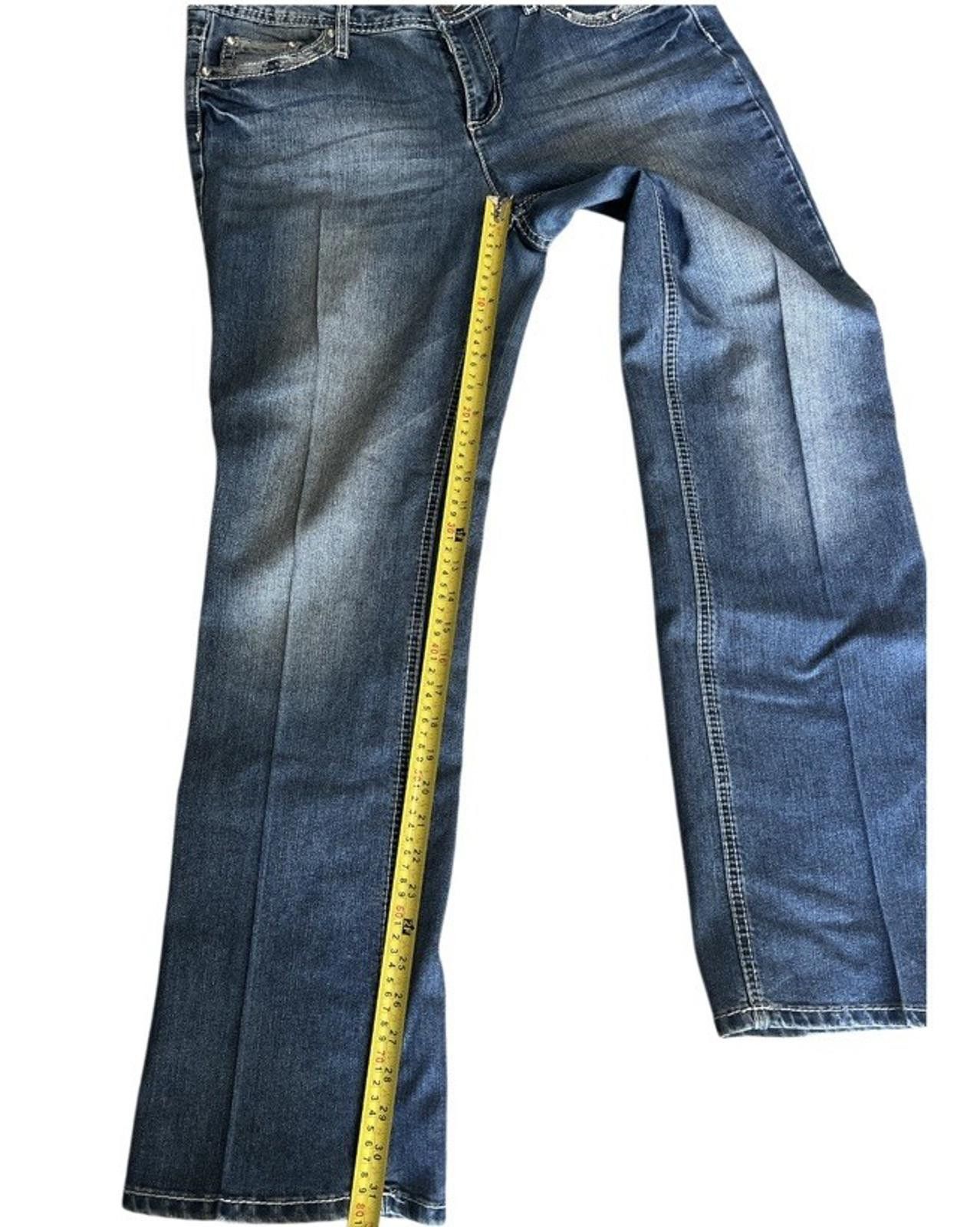American Eagle Outfitters EARL Blue STRETCH DENIM Embellished Pockets Boot Cut Sz 12 Size 34" / US 12 / IT 48 - 3 Thumbnail
