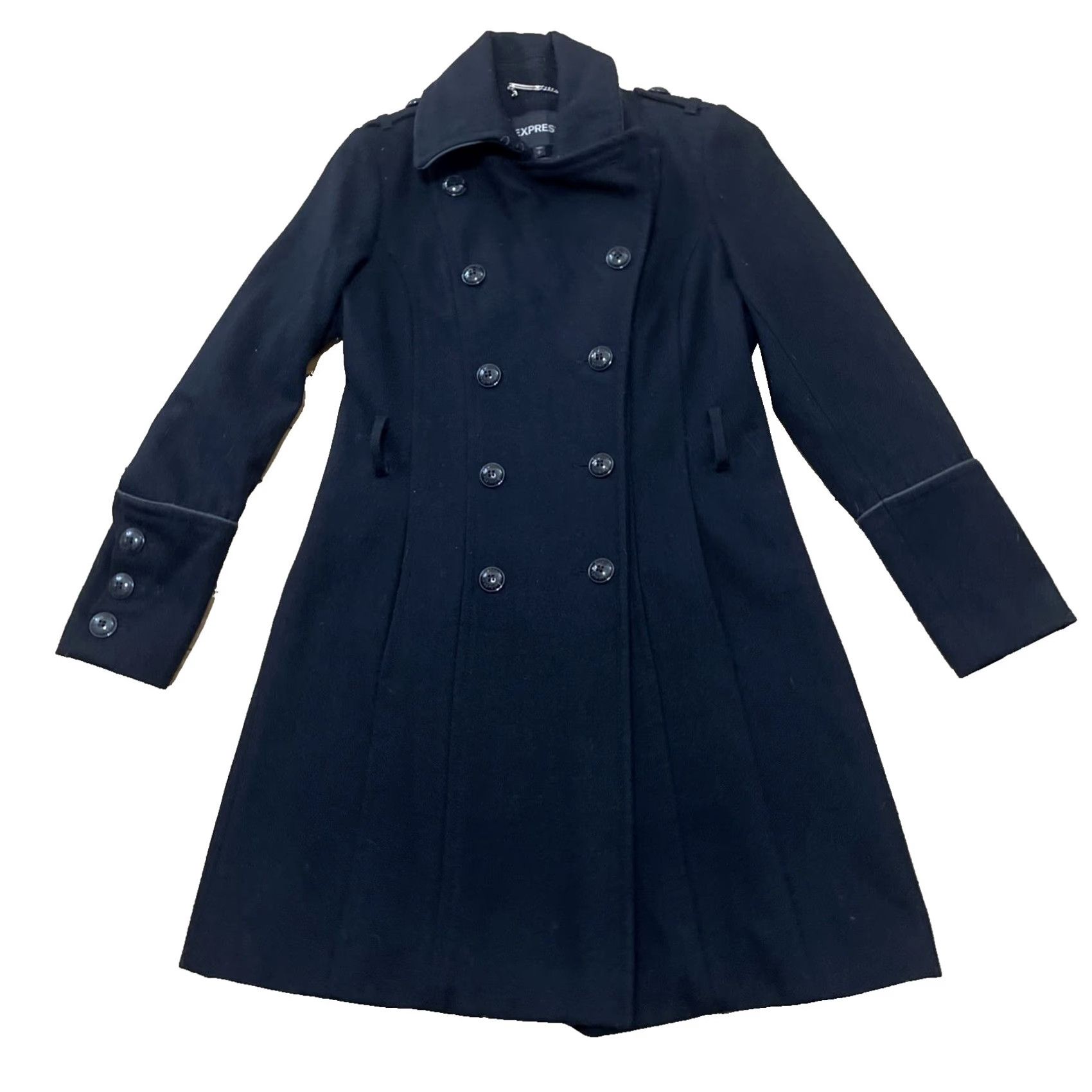 Express VINTAGE Express Wool Trench Peacoat Women S Black 10 Button Leopard Cheetah Lined Heavy Overcoat w/o Belt Coat Women Black xs? Size S / US 4 / IT 40 - 2 Thumbnail