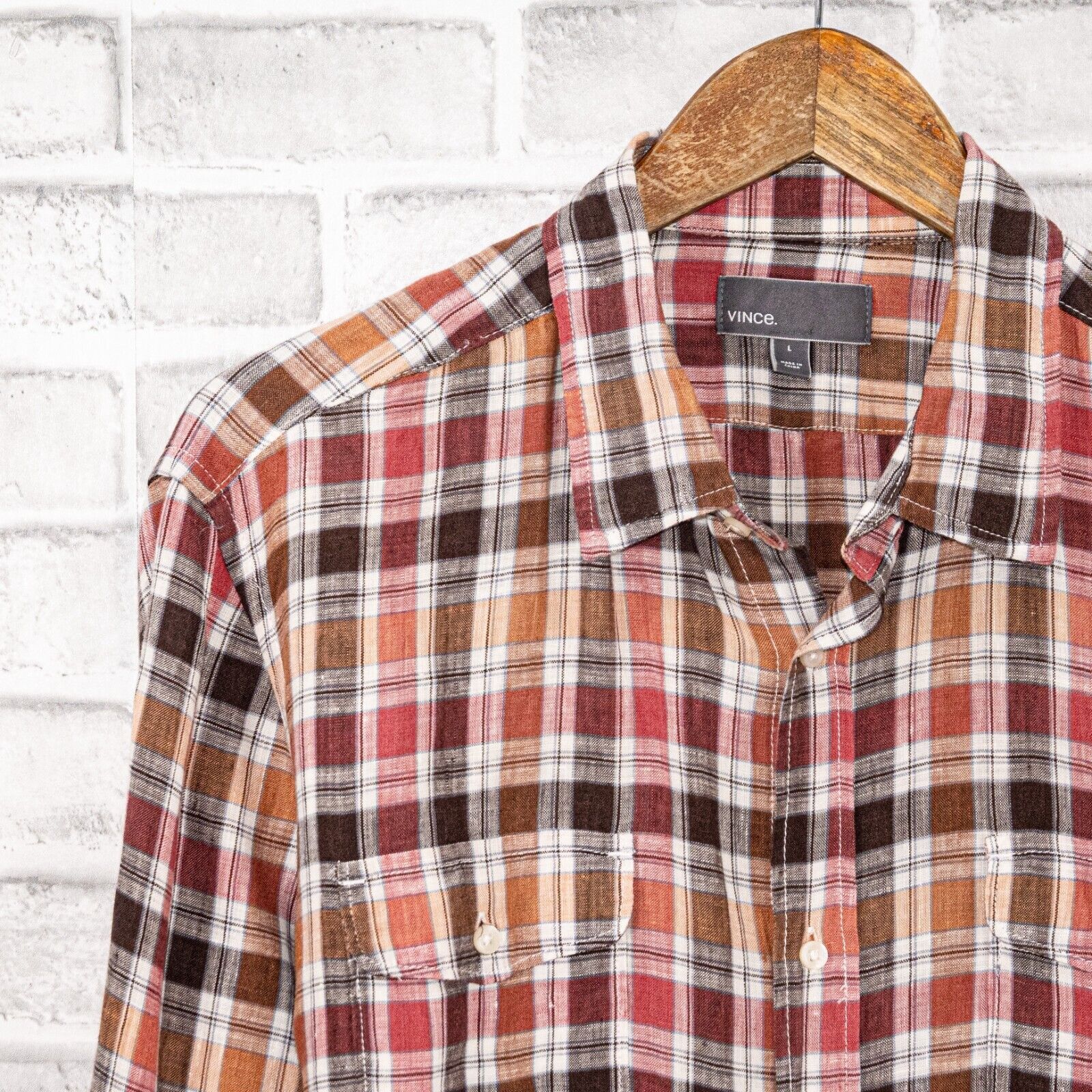 Vince VINCE 100% Linen Button Down Shirt in Multi color Plaid Size US L / EU 52-54 / 3 - 4 Thumbnail