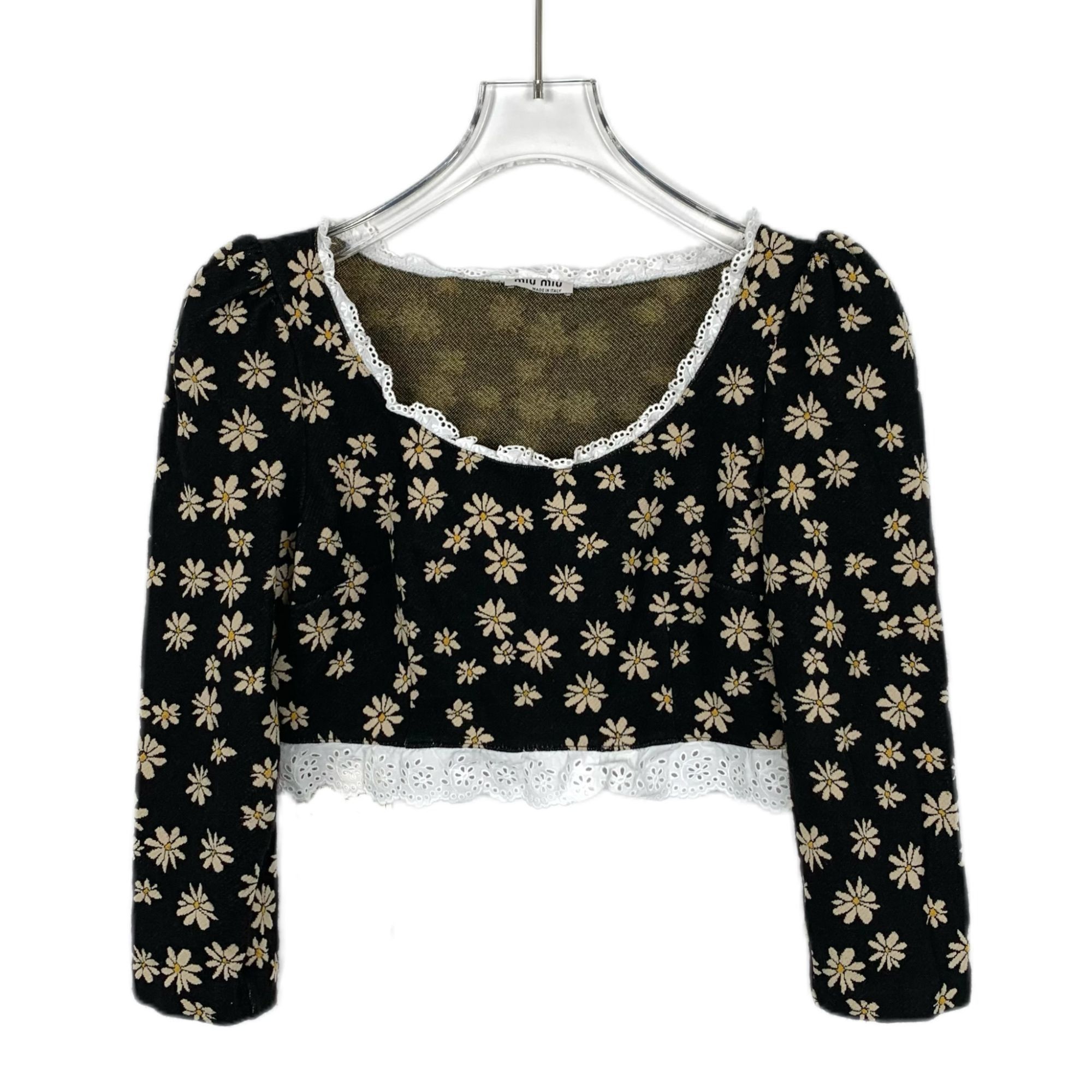 Miu Miu Miu Miu Black Daisy Crochet Lace Trim Long Sleeve Top (Size Size XS / US 0-2 / IT 36-38 - 1 Thumbnail