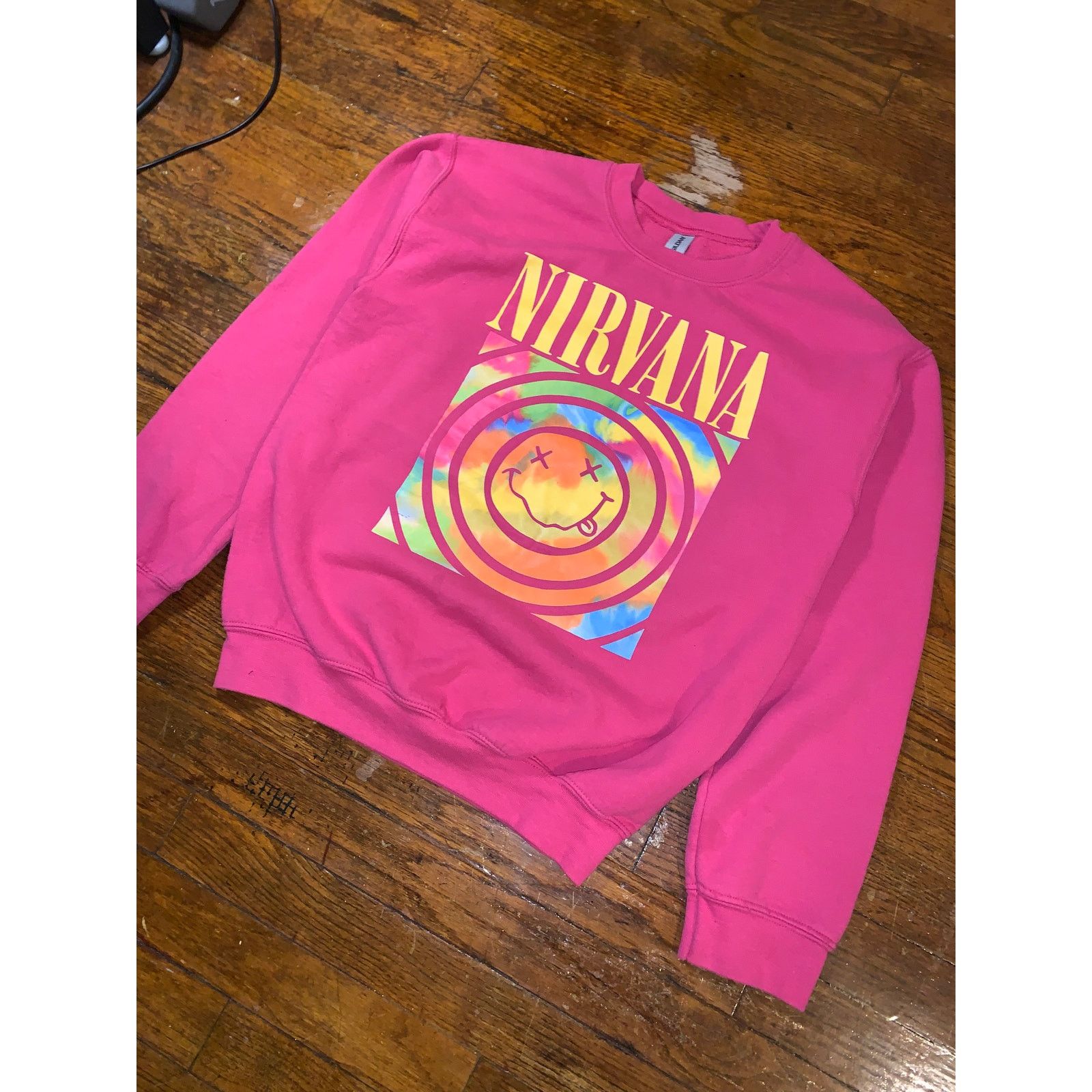 Band Tees × Gildan Nirvana Pink Tie Dye Smiley Sweatshirt Womens Small Grunge Size S / US 4 / IT 40 - 3 Thumbnail