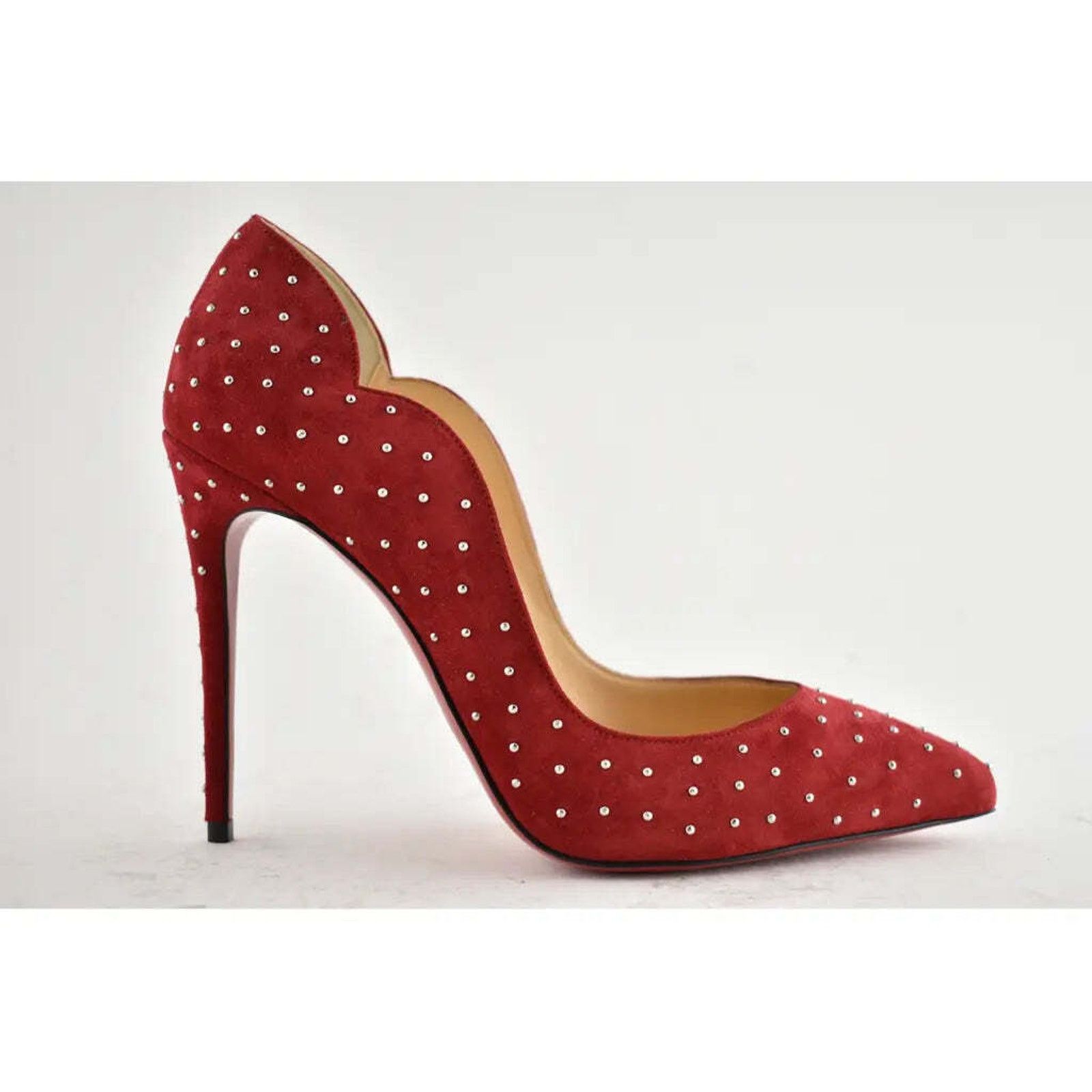 Christian Louboutin Hot Chick Plume 100 Red Carmen Stud Suede Heel Pump 40 Size US 10 / IT 40 - 2 Thumbnail
