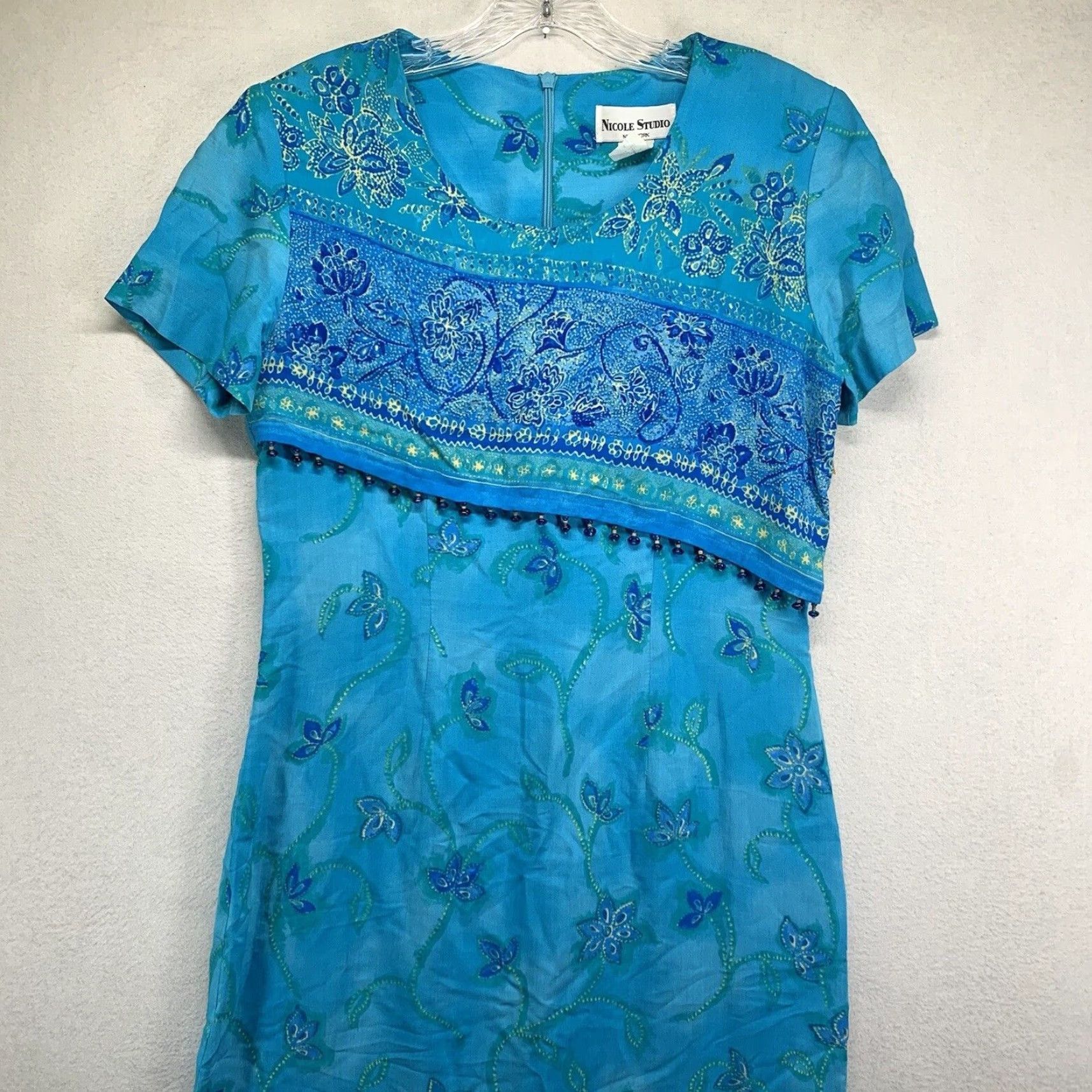 Vintage Vintage Nicole Studio Women's Dress 70s 80s Beaded Blue Rayon Size 6 Sheath Made in USA Size M / US 6-8 / IT 42-44 - 7 Thumbnail