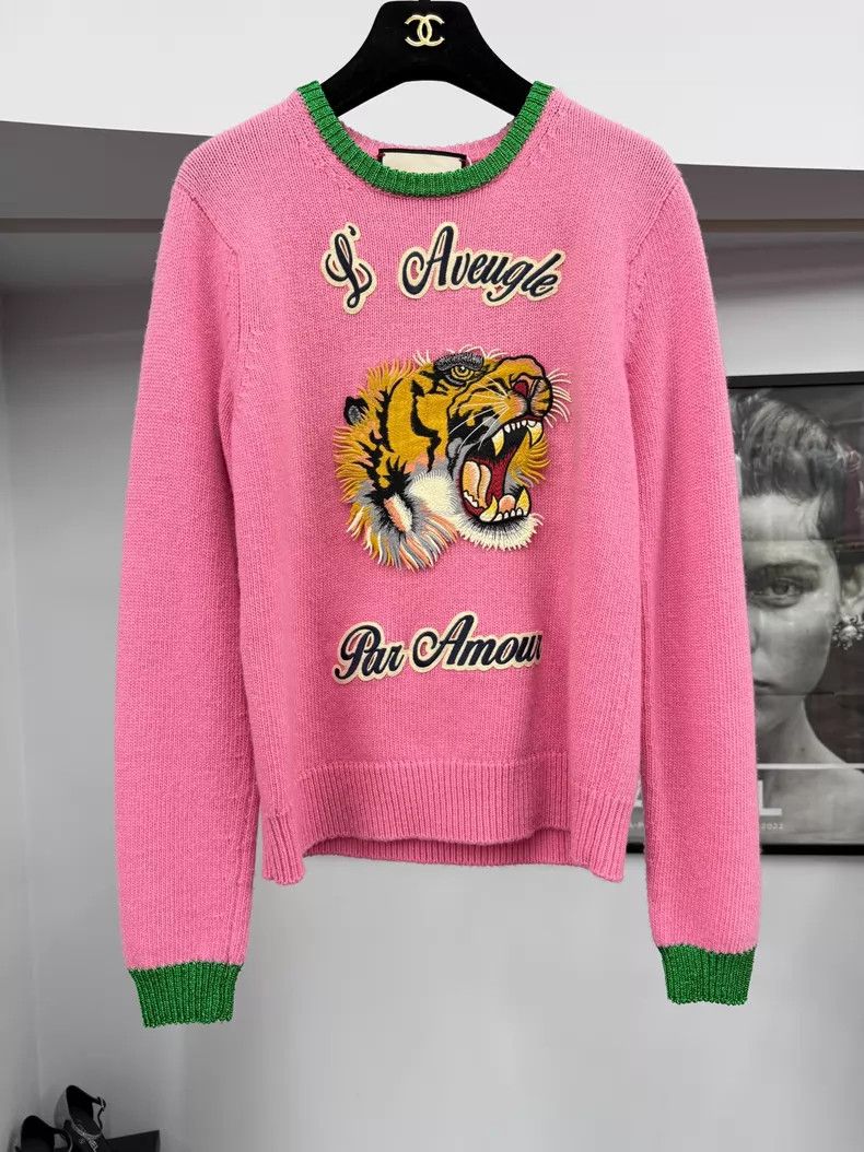 Gucci Gucci Pink and green tiger head knitted sweater Size M / US 6-8 / IT 42-44 - 1 Thumbnail