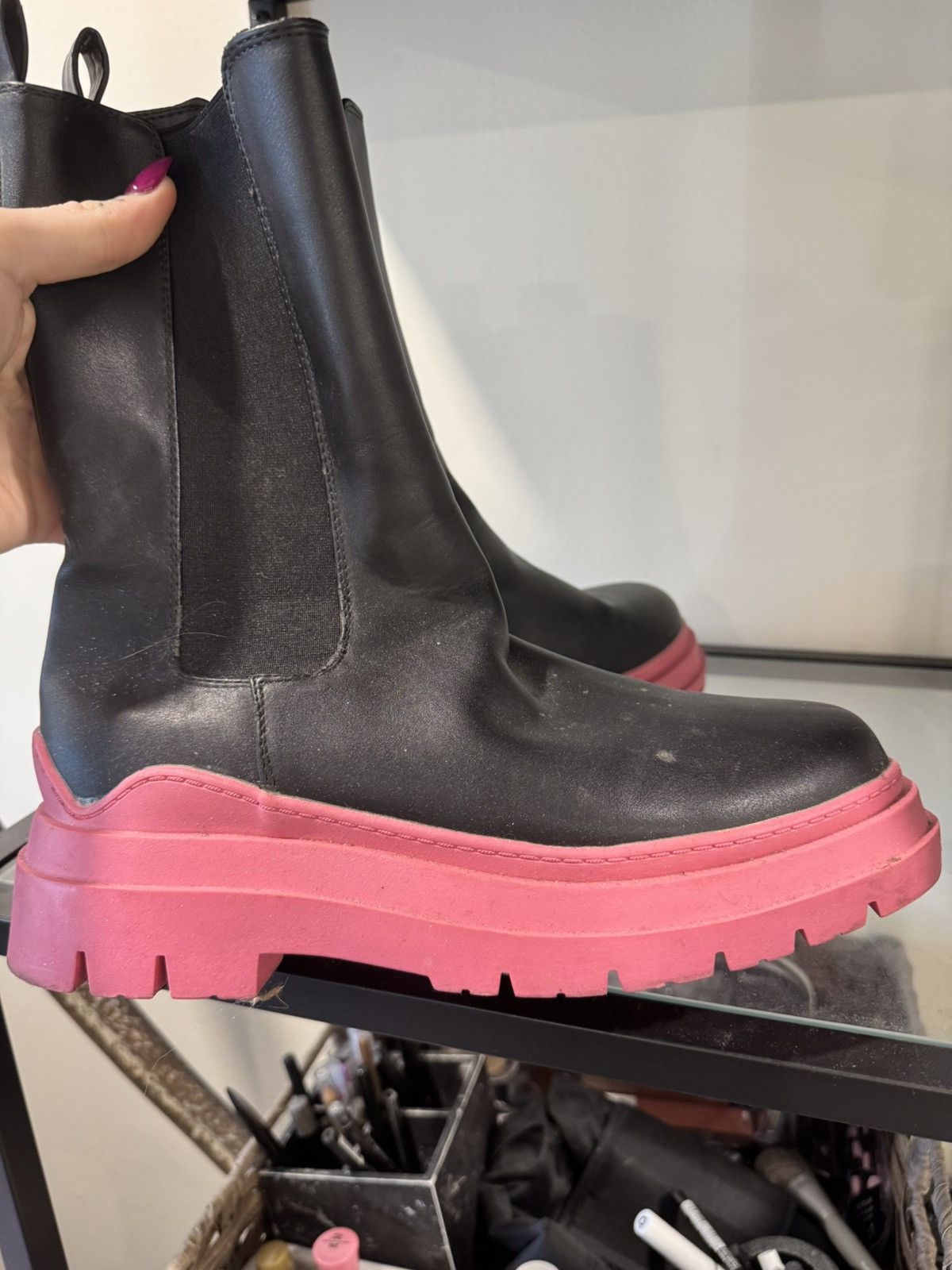 Leather Primark Combat Chelsea Boots Pink Sole Rick Owens Style Size US 7.5 / EU 40-41 - 2 Thumbnail