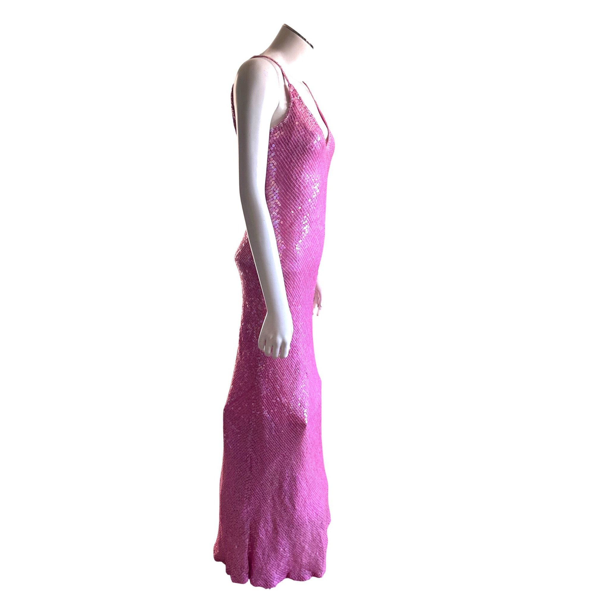 Other Scala Small Pink Silk Sequin Bias Cut Gown V Back Barbiecore Size S / US 4 / IT 40 - 3 Thumbnail
