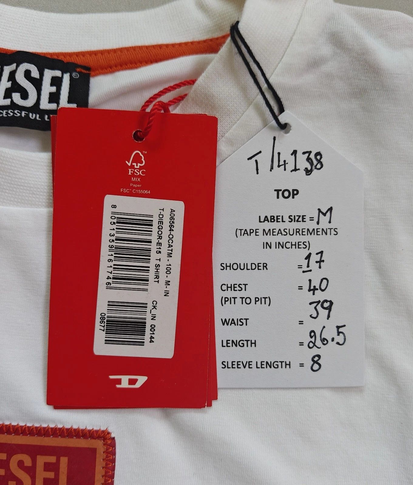 Diesel DIESEL White T-Shirt With Logo Patch T 4138 Size US M / EU 48-50 / 2 - 5 Thumbnail