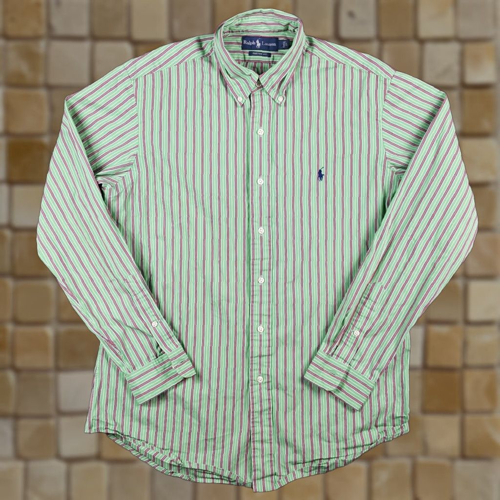 Ralph Lauren VINTAGE Ralph Lauren Men’s Button-Up Shirt Cotton Green Striped 90s Y2K Preppy Collared Large Size US L / EU 52-54 / 3 - 1 Thumbnail