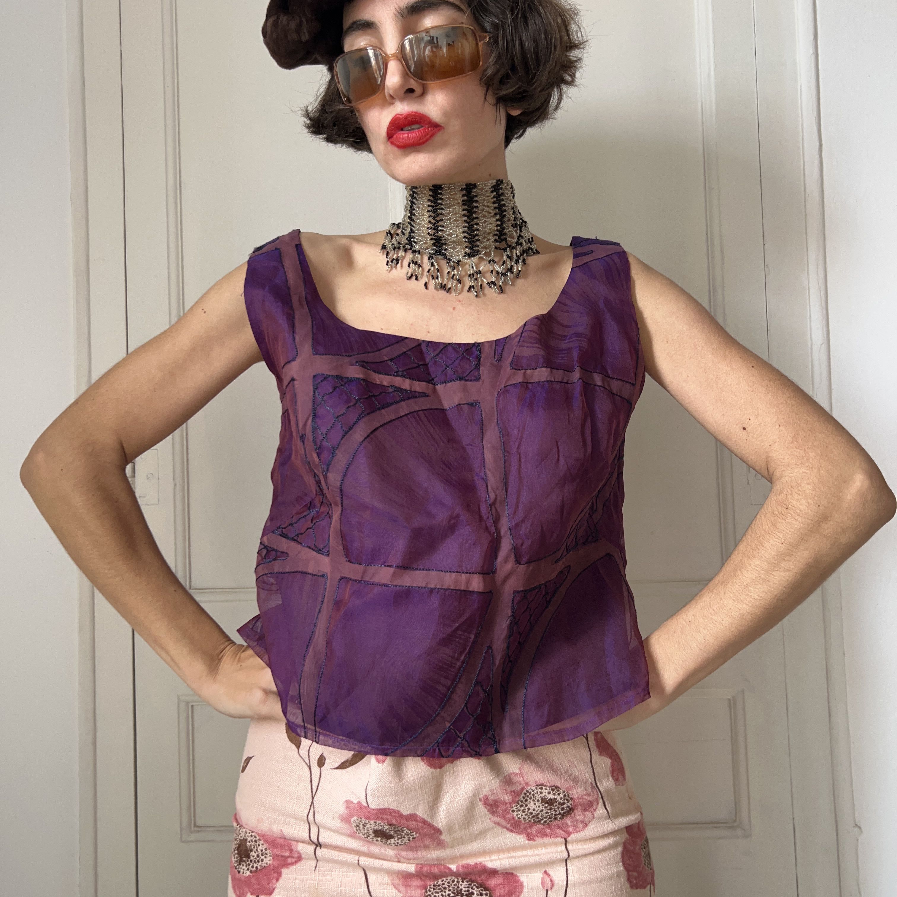 Vintage Vintage Purple Silk Patchwork Crop Top Size XL / US 12-14 / IT 48-50 - 3 Thumbnail