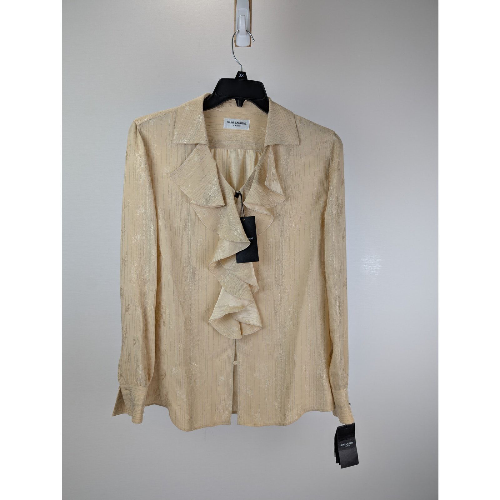 Saint Laurent Paris o1rshd1 Chemise Tight Fitted Ruffled Silk Shirt in Beige Size US S / EU 44-46 / 1 - 1 Thumbnail