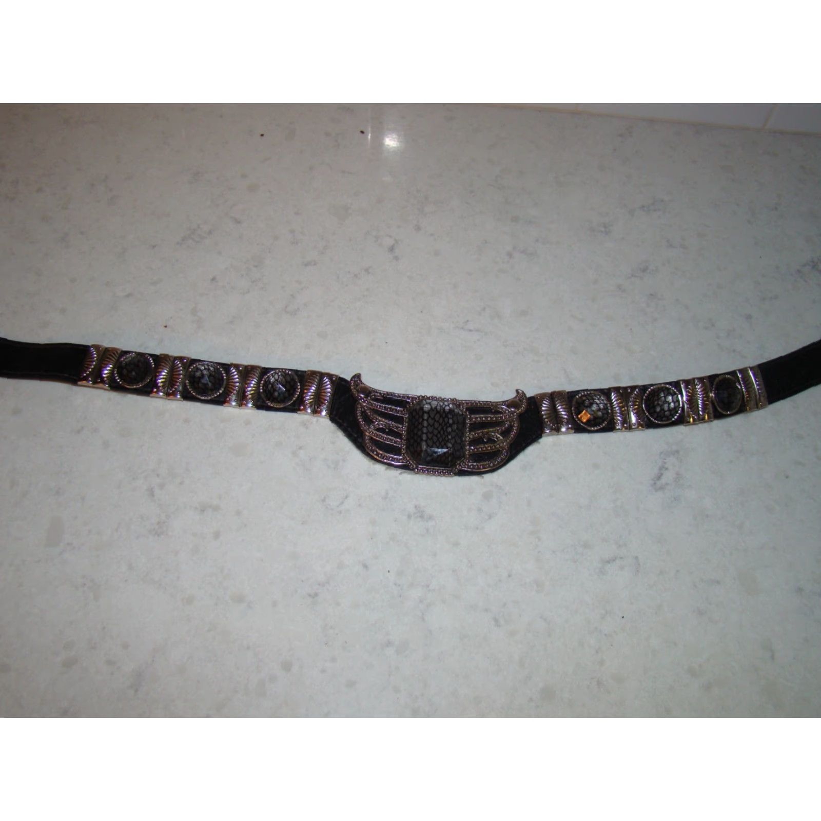 Vintage VINTAGE LEATHEROCK Belt 80s Leather Womens Medium 30-32 Black Snakeskin Gems Bling Adjustable Silvertone Buckle Womens Fashion Size ONE SIZE - 3 Thumbnail