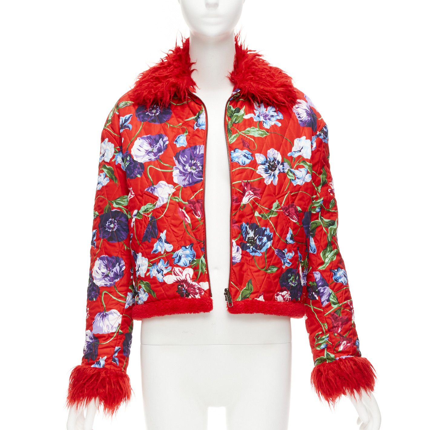 Image of Kenzo Memento Reversible Red Purple Flower Print Faux Fur Crop Jacket Fr34 Xs, Women's