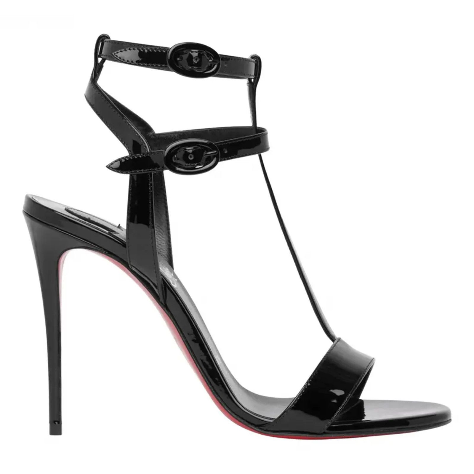 Christian Louboutin Mara 100 Black Patent Sandal Ankle Strap Open Heel Pump 39 Size US 9 / IT 39 - 1 Thumbnail