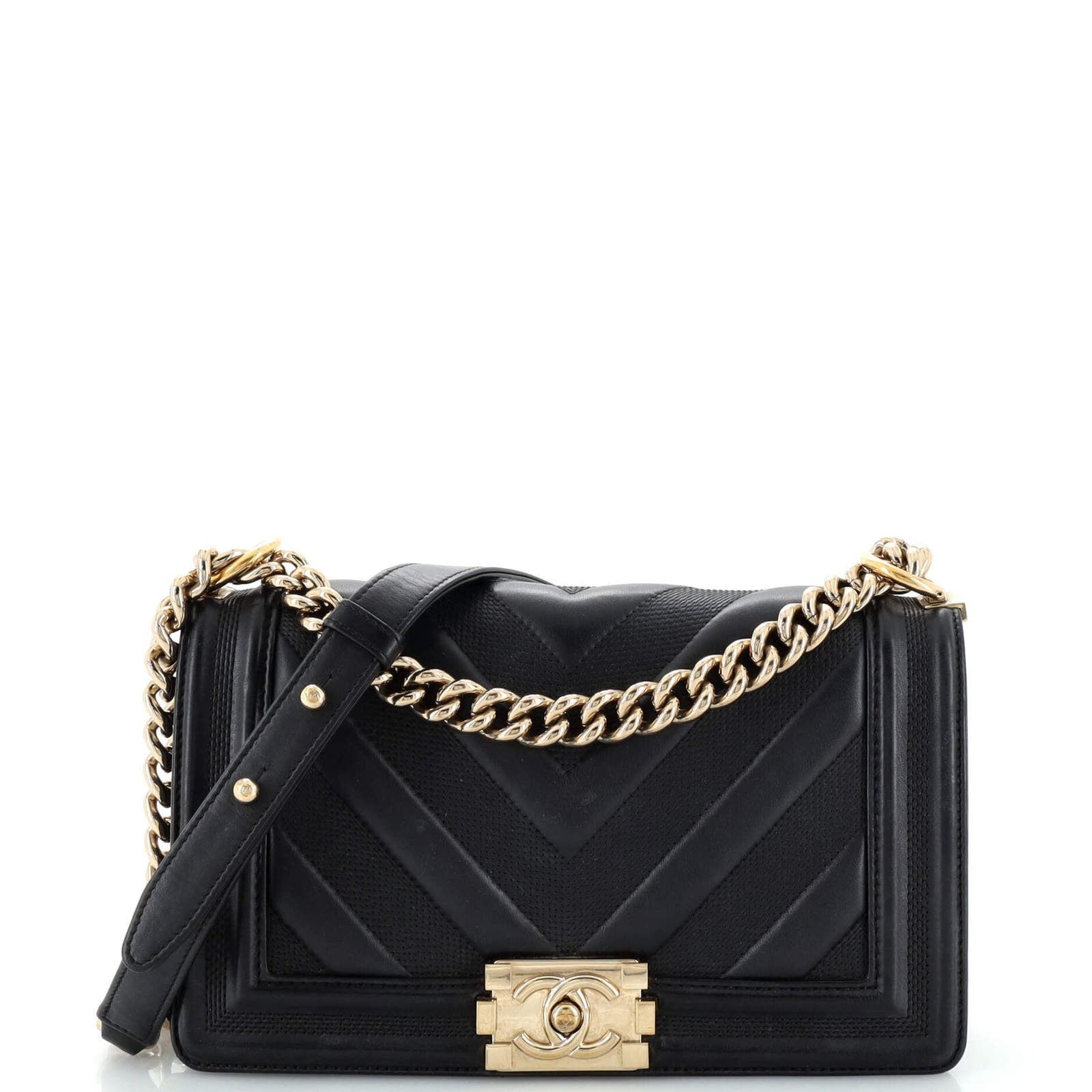image of Chanel Boy Flap Bag Perforated Chevron Lambskin Old Medium in Black, Women's