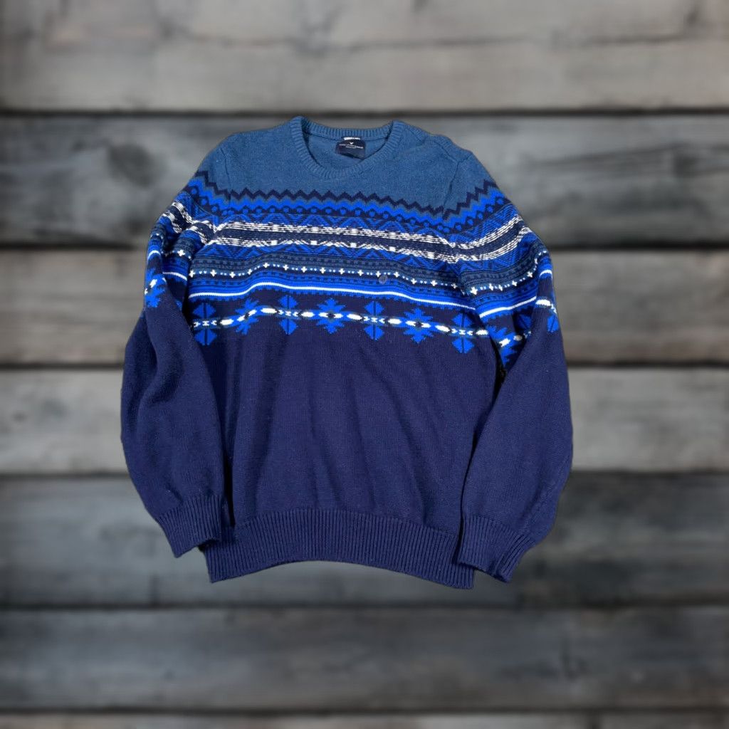 American Eagle Outfitters AMERICAN EAGLE OUTLETTERS Geometric Pattern Sweater Big & Tall LT Dark Blue Chunky Knit Pullover Mens 90s Retro Size US L / EU 52-54 / 3 - 1 Thumbnail