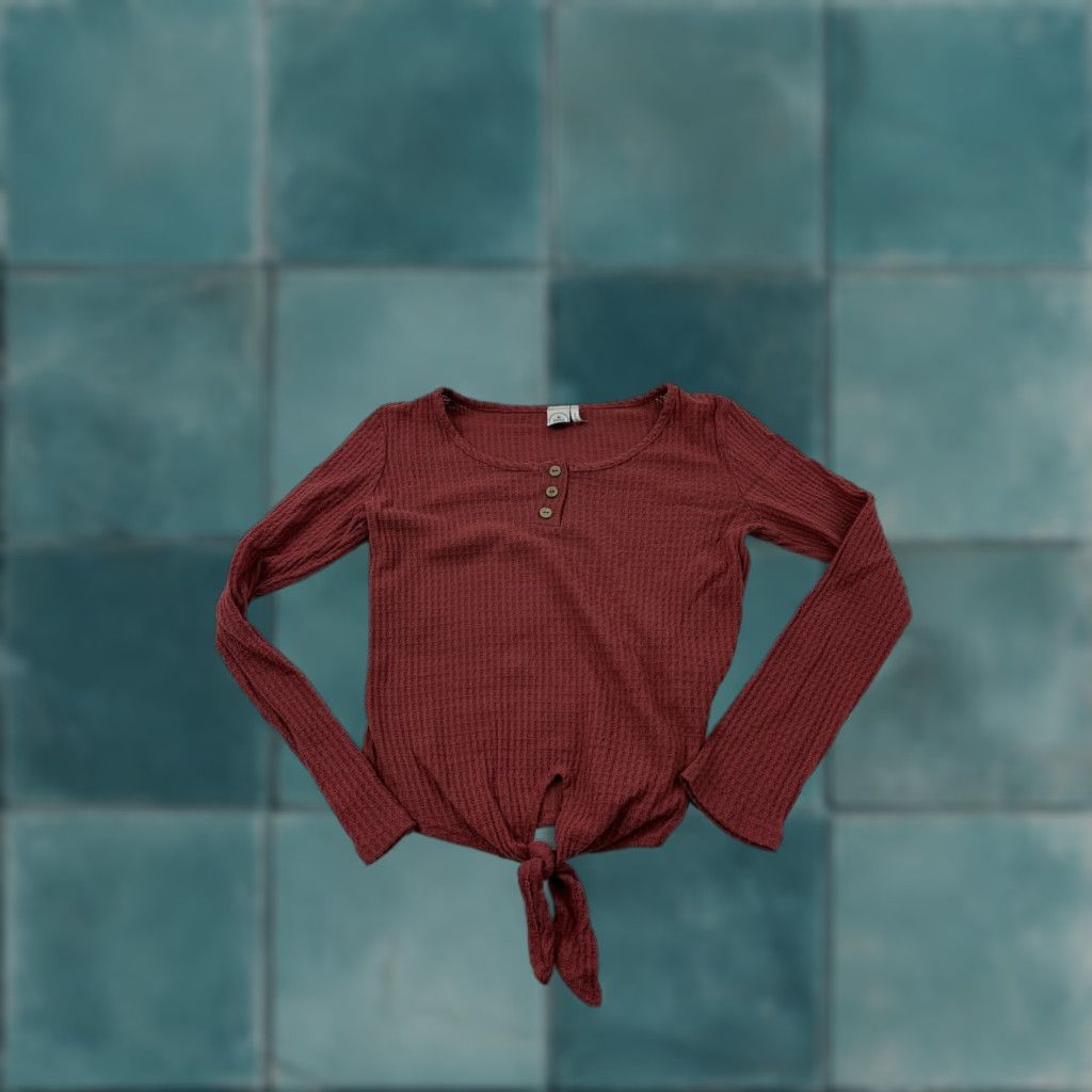 Vintage Paper Crane Shirt Womens XS Red Waffle Knit Henley Long Sleeve Front Tie Top Size XS / US 0-2 / IT 36-38 - 1 Thumbnail