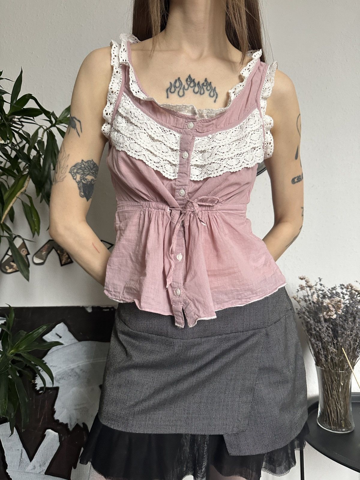 Designer × Vintage Vintage Powder Pink Lace Cute Babydoll Blouse 00s Size M / US 6-8 / IT 42-44 - 6 Thumbnail