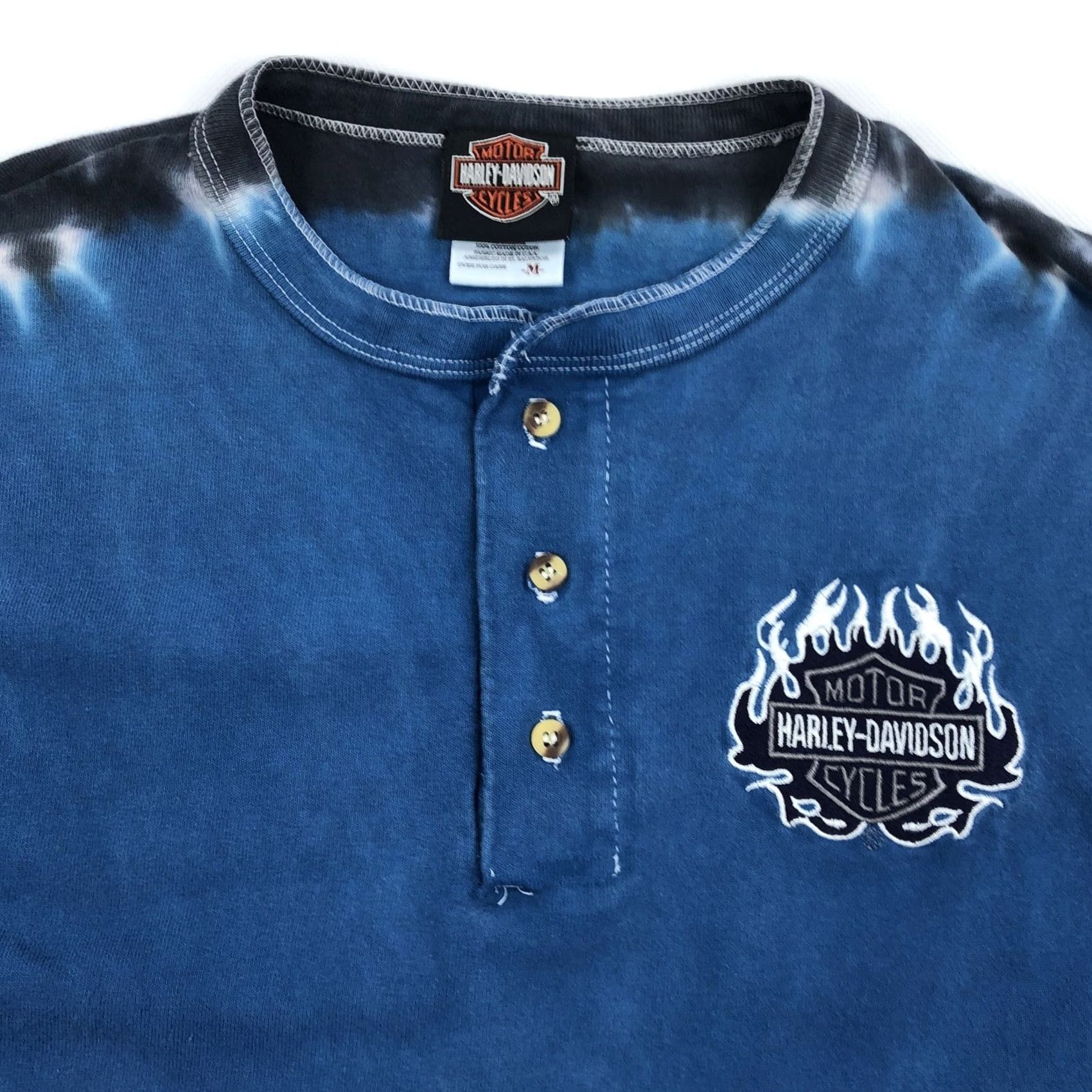 Harley Davidson Harley-Davidson Mens Tie-Dye Long Sleeve Henley T-Shirt M Blue/Black/White Flame Embroidered Logo Shirt Size US M / EU 48-50 / 2 - 2 Thumbnail