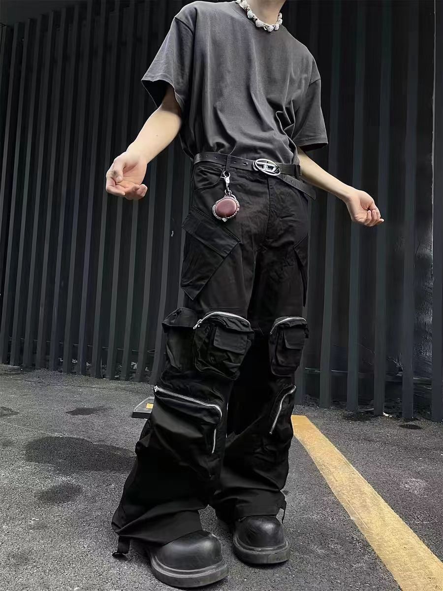 image of Vintage Black Zipper Multi-Pocket Hip Hop Workwear Baggy Trousers, Men's (Size 34)