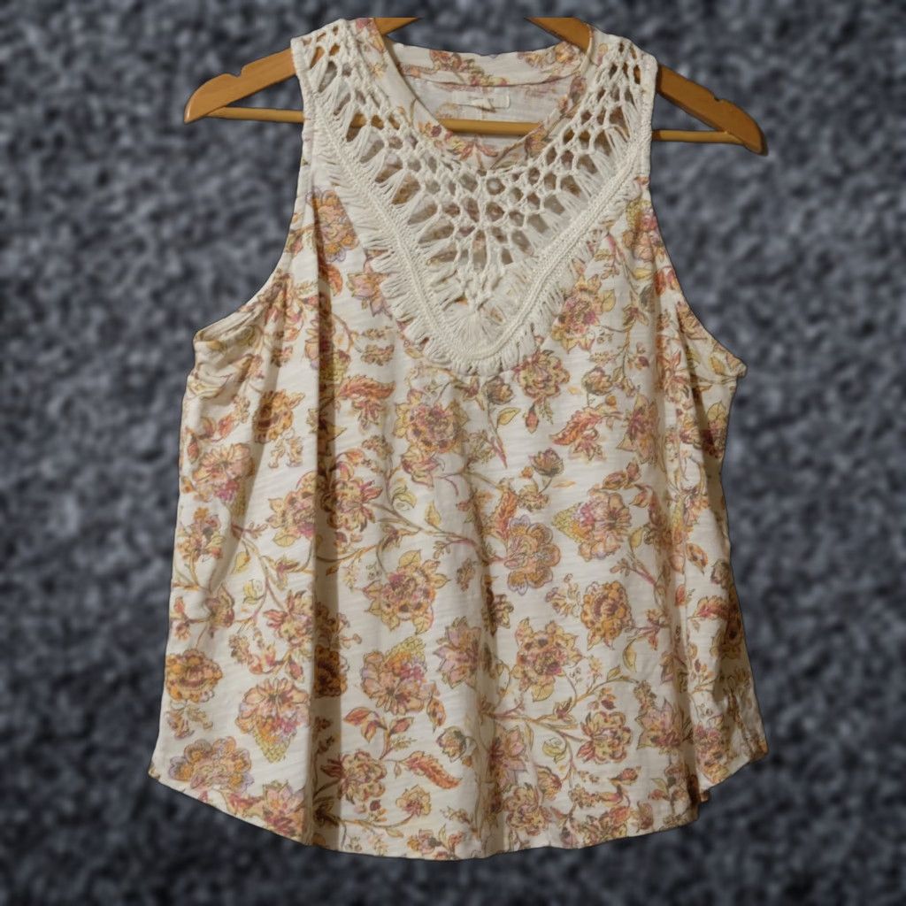 Vintage Maurices Tank Top Floral Ivory Stretch Womens L Tank Top Knit Sleeveless Crochet Neck Details Bohemian Casual Size L / US 10 / IT 46 - 1 Thumbnail