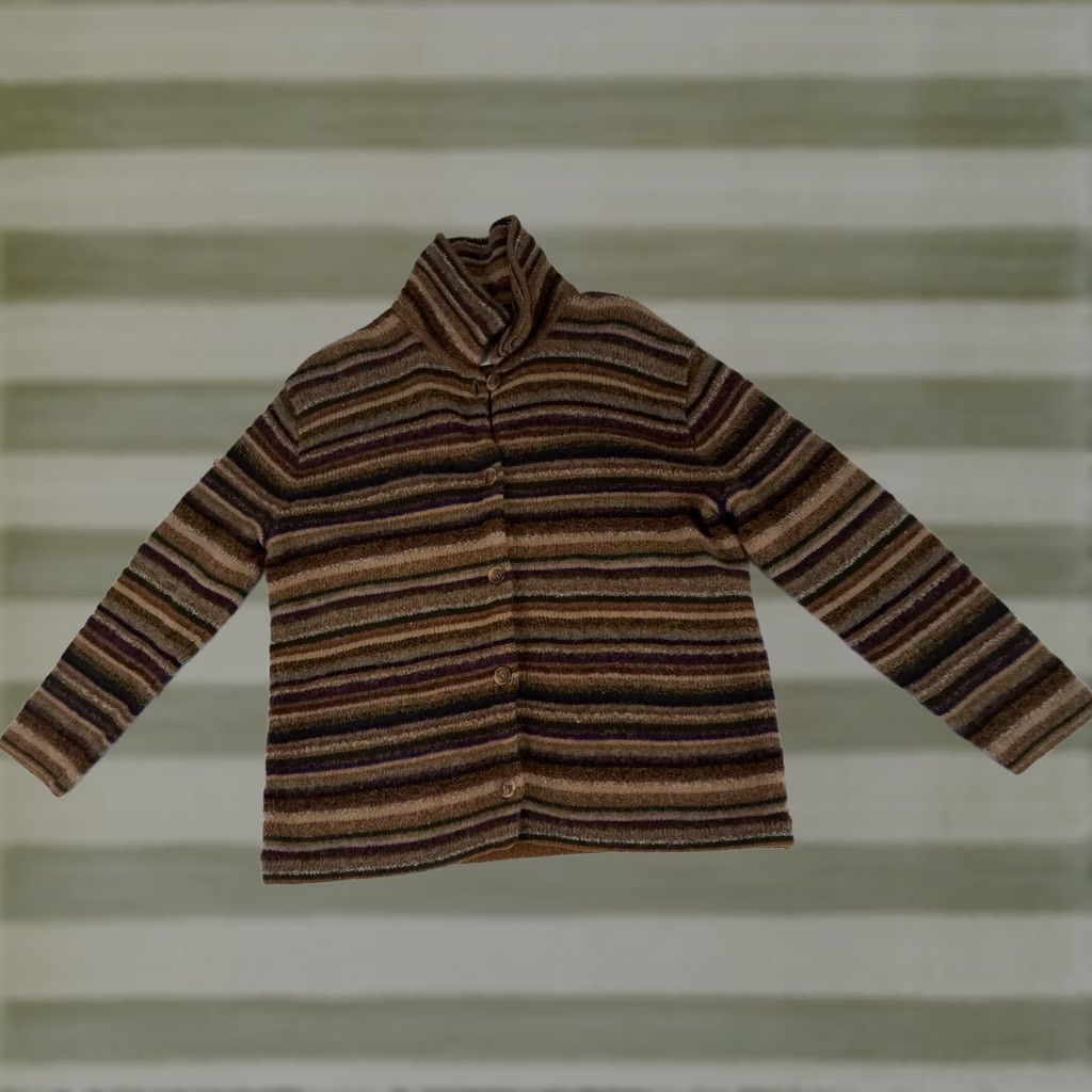 Jones New York VINTAGE Jones New York Cardigan Sweater, Striped, Wool, Full Button, Brown, Long Sleeve, Collared, Regular, Women, Size S, Dry Clean Only Size S / US 4 / IT 40 - 1 Thumbnail