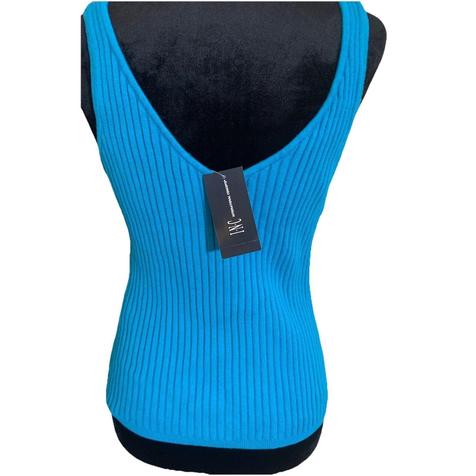 I.N.C INC Women Cyan Blue Ribbed Vneck Tank Top (Size XL, NWT) Size XL / US 12-14 / IT 48-50 - 3 Thumbnail