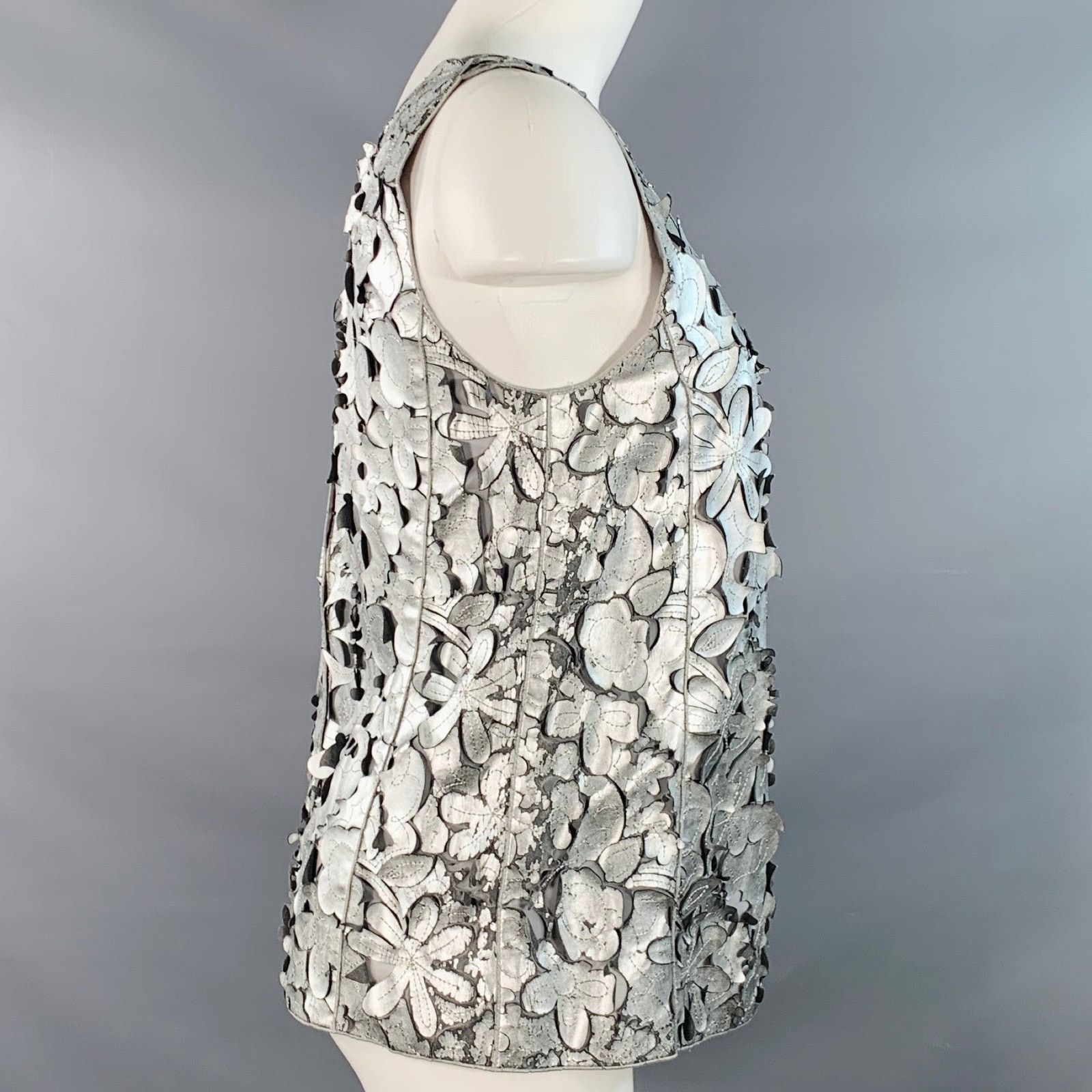 Marc Jacobs Silver Grey Leather Floral Cut Out Sleeveless Dress Top Size XS / US 0-2 / IT 36-38 - 3 Thumbnail