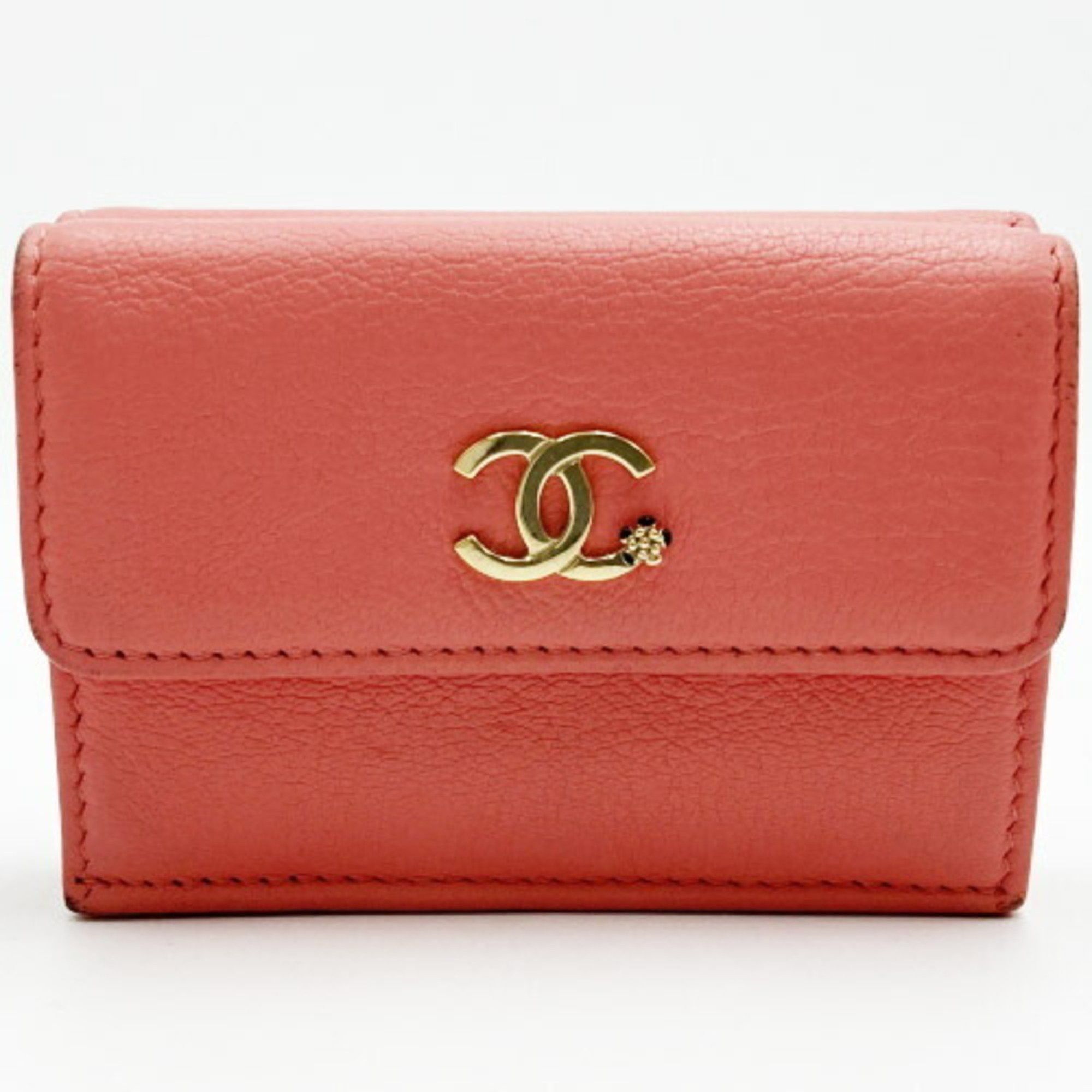 image of Chanel Trifold Wallet Coco Mark Lucky Flower Pink Coral Leather Women's Accessories Itr2Hum8H274