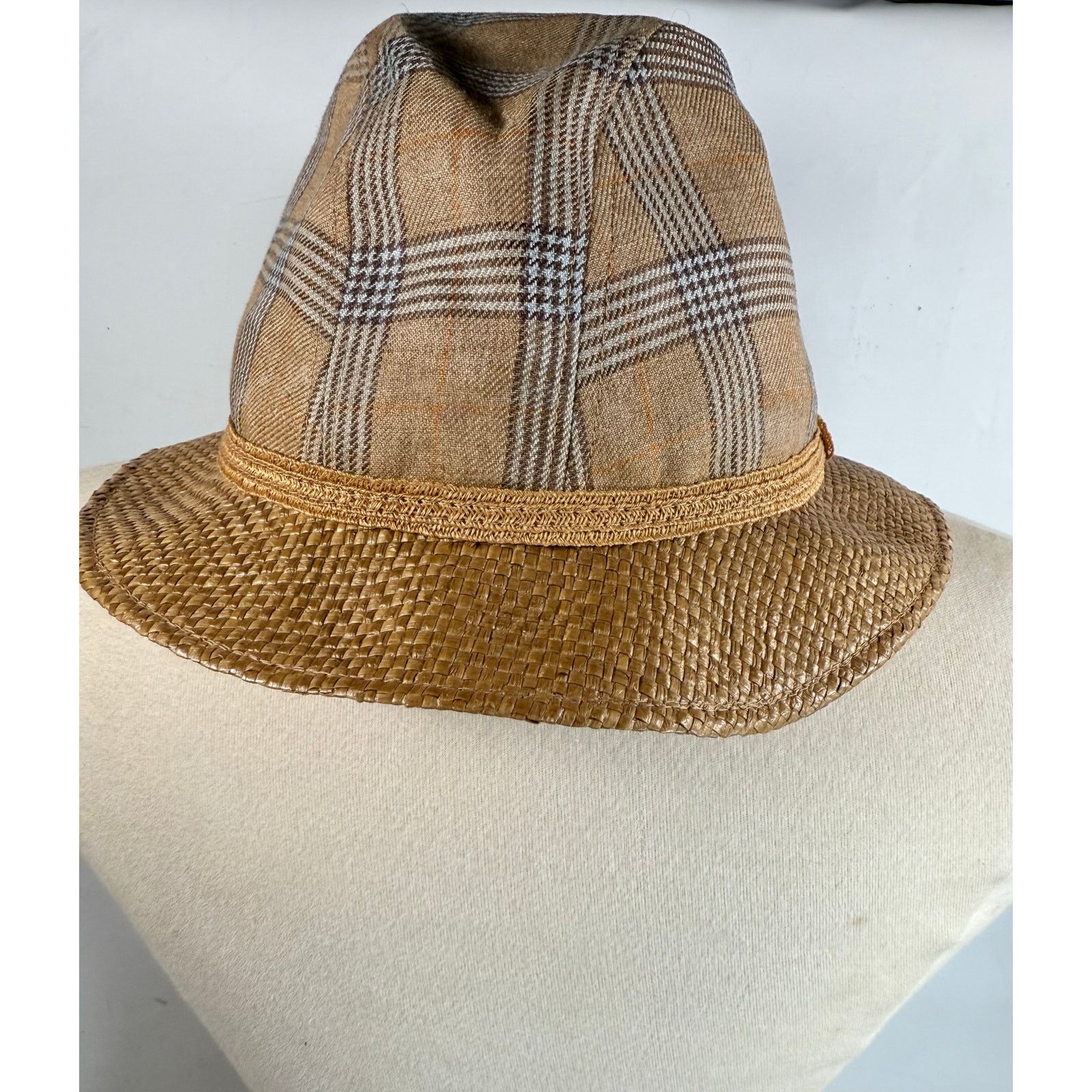 Borsalino Vintage Borsalino Plaid Tweed Fedora Hat w/Straw Brim S/M Size ONE SIZE - 12 Thumbnail