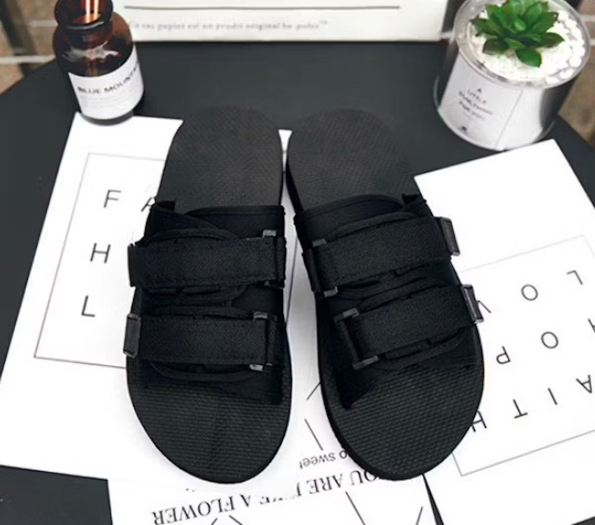 image of Vintage Unbranded Double Strap Sandal Slides in Black, Men's (Size 10)