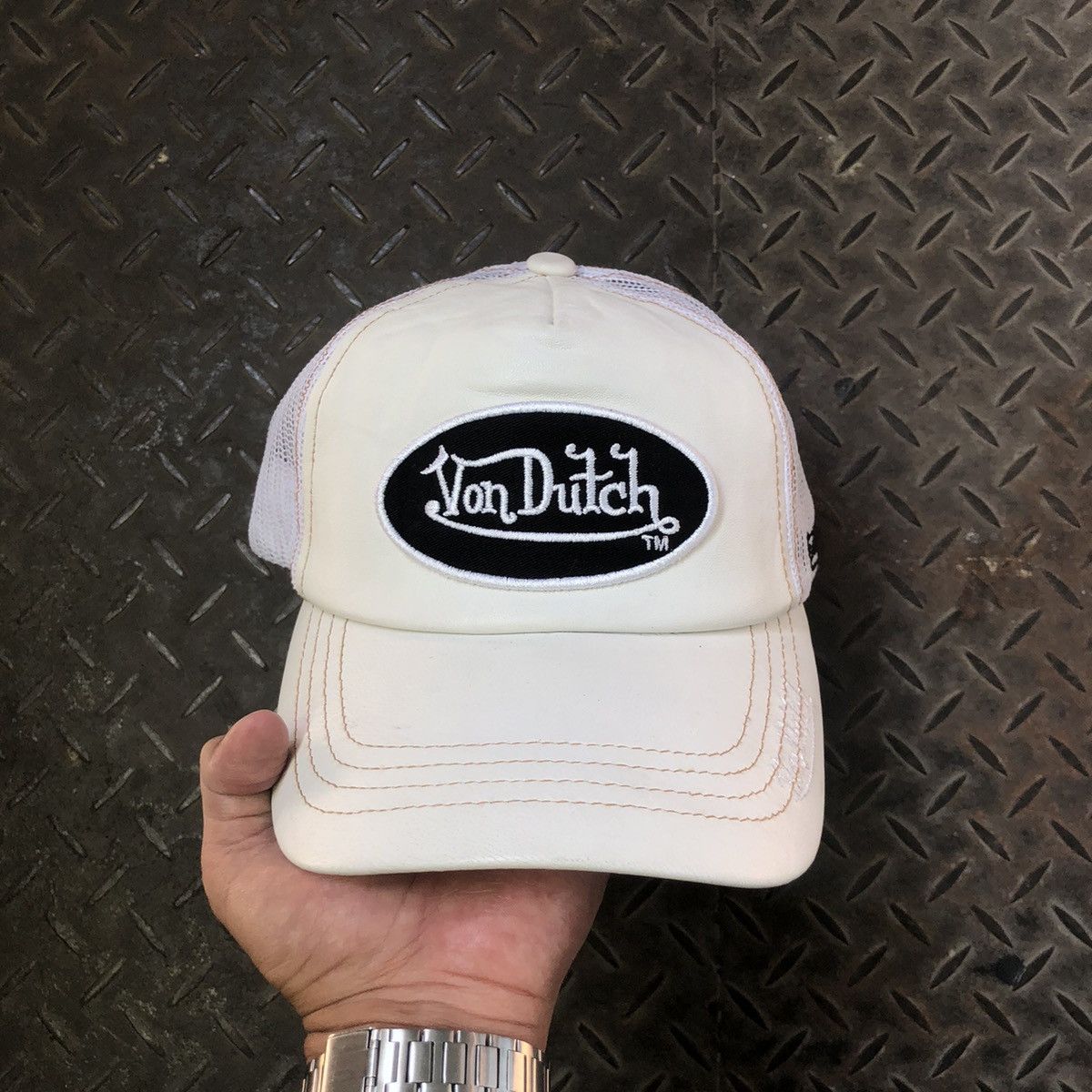 Von Dutch Leather White Trucker Hat
