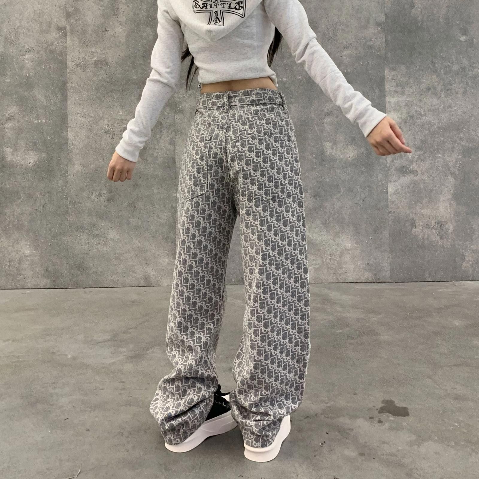 Vintage Gray Patterned Loose Fit Casual Pants, Wide Leg Pants Size 30" / US 8 / IT 44 - 4 Thumbnail