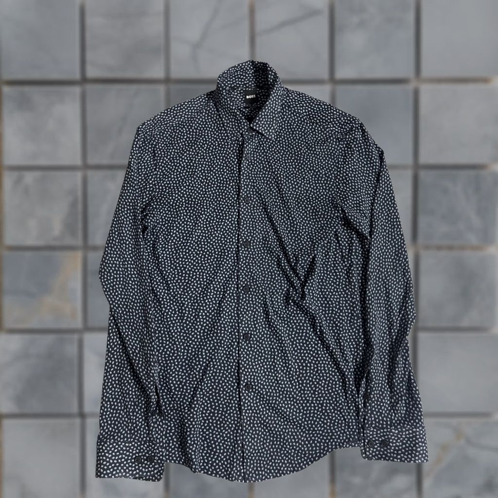 Vintage Boss Shirt Mens Medium Blue Geometric Slim Fit Long Sleeve Button Front Dress Size 40R - 1 Thumbnail
