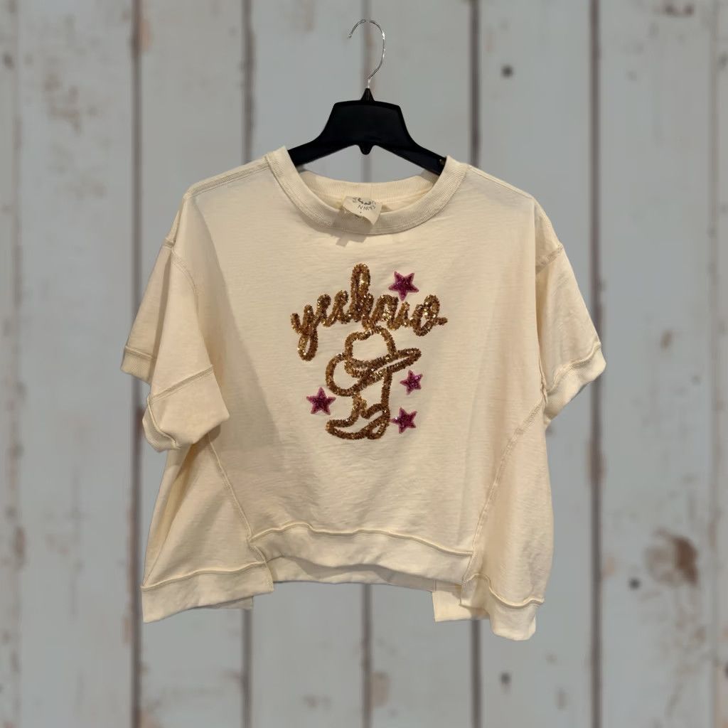 Vintage Fantastic Fawn Shirt Womens S Ivory Yeehaw Sequin Short Sleeve Oversized Cowboy Western Top Size S / US 4 / IT 40 - 1 Thumbnail
