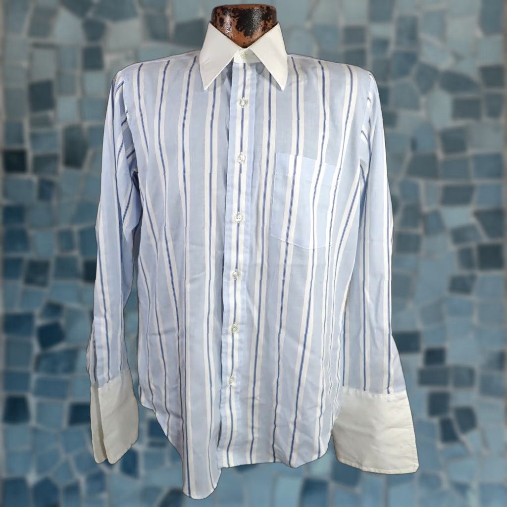 Arrow **VINTAGE 70s Arrow Disco Shirt Long Sleeve Blue White Striped Mens M French Cuff** Size US M / EU 48-50 / 2 - 1 Thumbnail