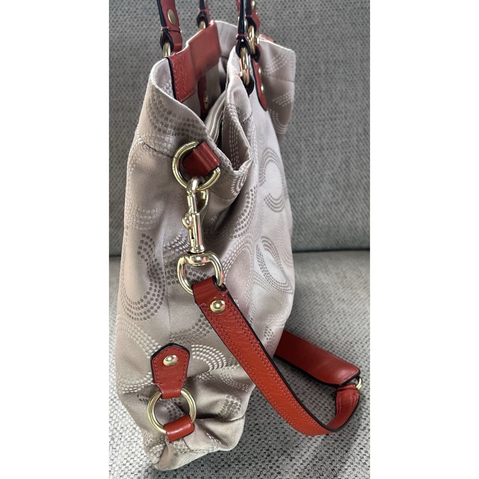 Coach Coach Shoulder Bag - F20049 Ashley Khaki Dotted Op Art Leather Trim - Detachable Strap - 15” x 10.5” x 3.5” - Women’s / Gold Hardware / Khaki Exterior Size ONE SIZE - 3 Thumbnail