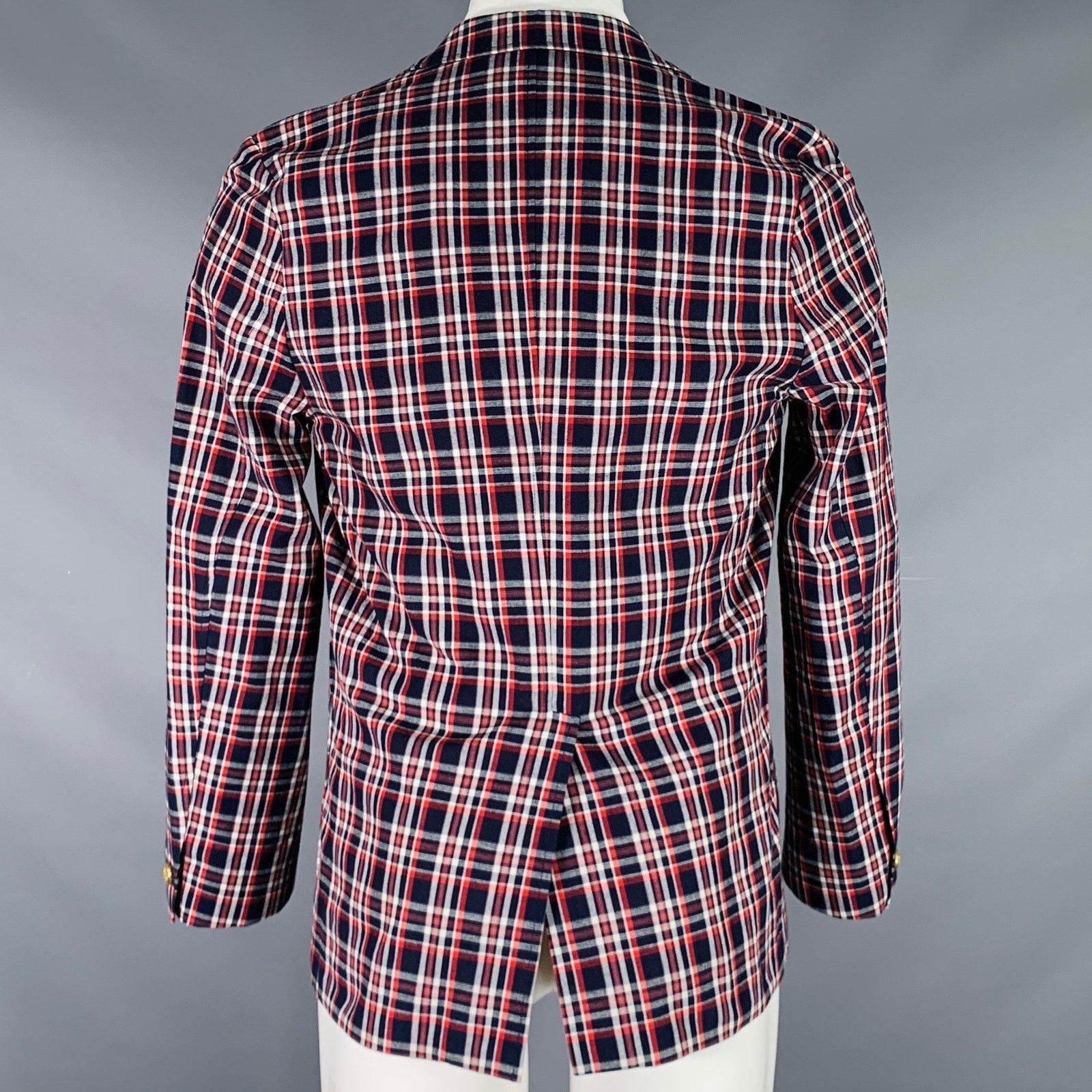 Maison Kitsune Size 36 Navy Red White Plaid Cotton Sport Coat Size 36R - 4 Thumbnail