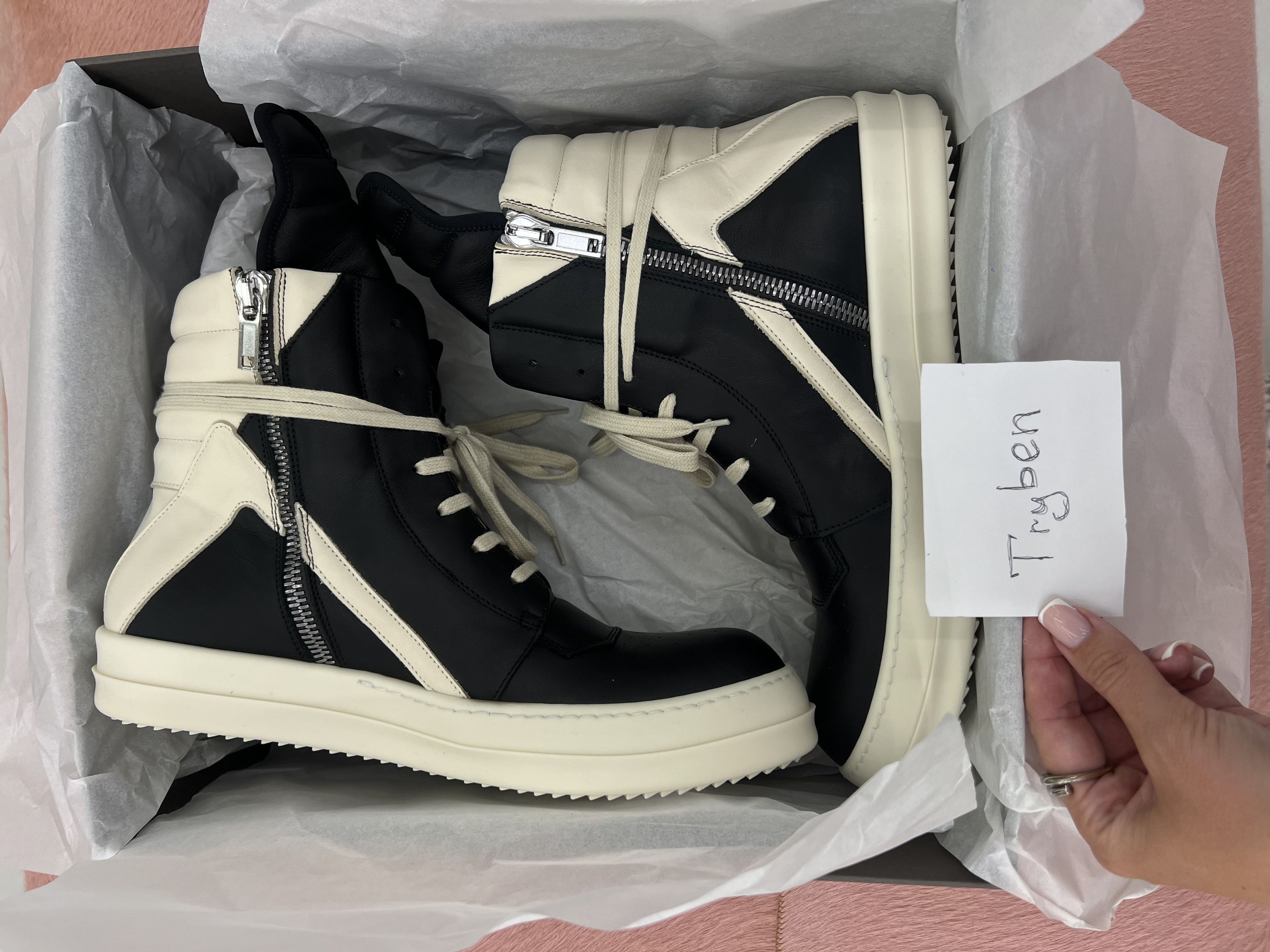 Rick Owens Rick Owens Geobasket black and white inverted triangle shoes |  Grailed