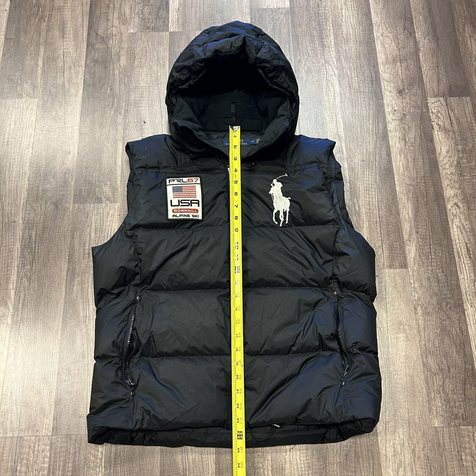 POLO RALPH LAUREN PUFFER VEST BLACK HOOD SZ L SLEEVELESS JAC