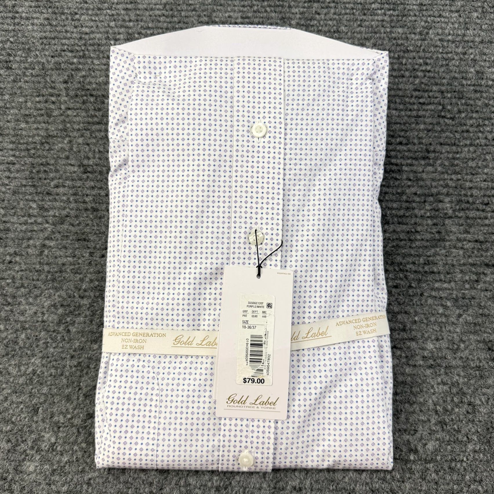 Roundtree & Yorke Gold Label Dress Shirt Mens 18 36/37 Tall Purple White  Geometric Long
