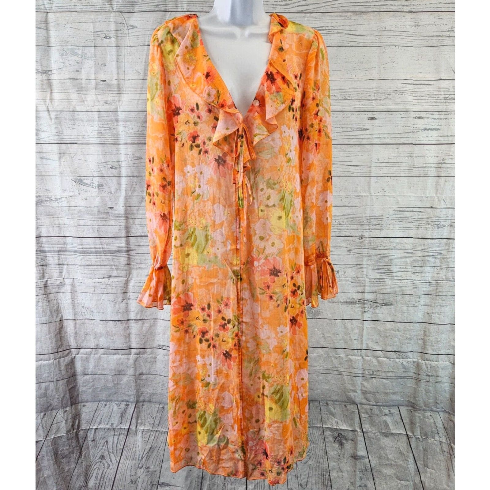 Vintage Wild Fable Blouse Duster 2XS Womens Orange Pink Floral Tie Front Sheer Long Sleeve Size XXS / US 00 / IT 34 - 2 Thumbnail