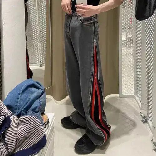 Designer × Japanese Brand Straight Frayed Jeans Side Zipper Harajuku Style Loose Pants Size US 30 / EU 46 - 3 Thumbnail