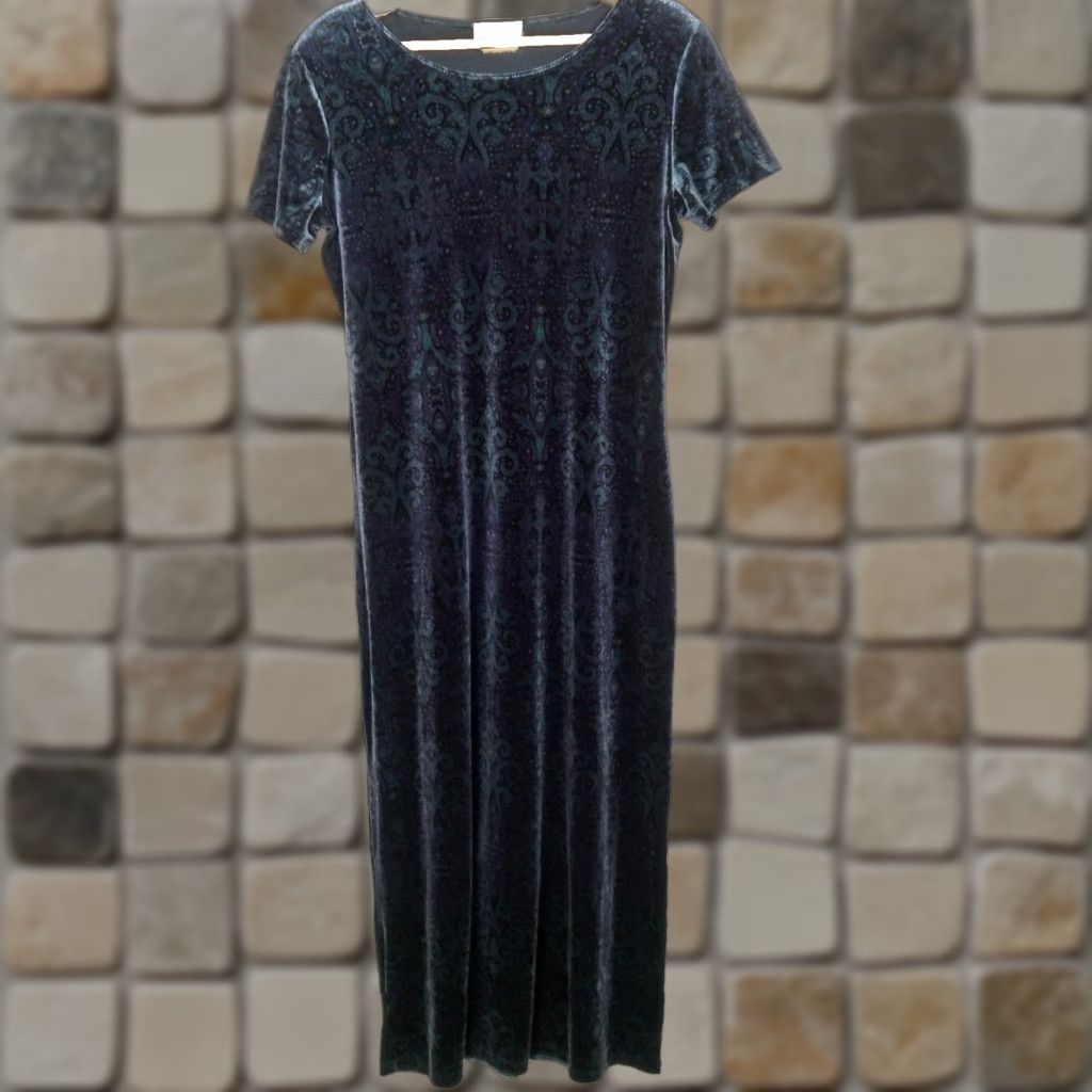 Vintage VINTAGE AGB Dress Maxi Women's 10 Blue Paisley Velour Fairy 1990s Y2K Whimsical Size L / US 10 / IT 46 - 1 Thumbnail