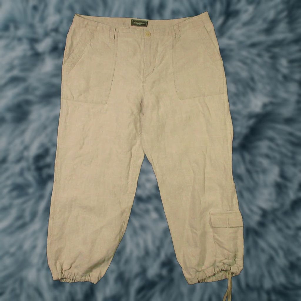 Eddie Bauer Eddie Bauer Linen Pants Women 14 Drawstring Straight Cargo Cropped 32x24 Beige Size 36" / US 14 / IT 50 - 1 Thumbnail