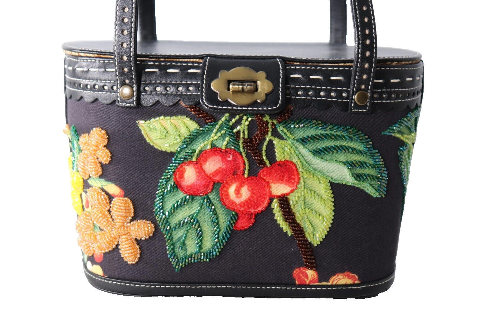 Designer Isabella Fiore Black Cherry Flower Beaded Basket Handbag Bag Size ONE SIZE - 3 Thumbnail