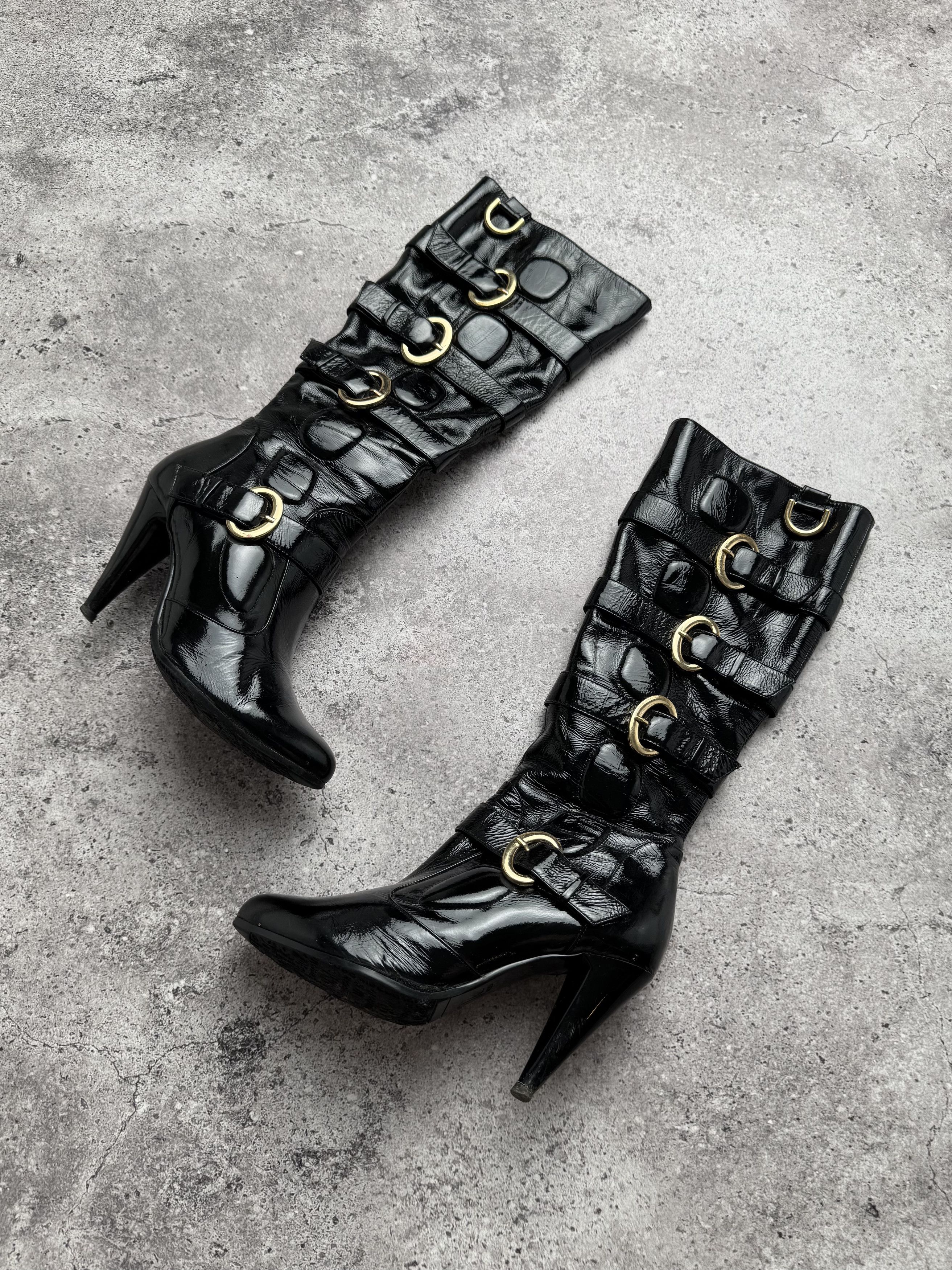 Japanese Brand Vintage Patent Leather Boots With Straps C672(V289)(E8) Size US 6 / IT 36 - 1 Thumbnail