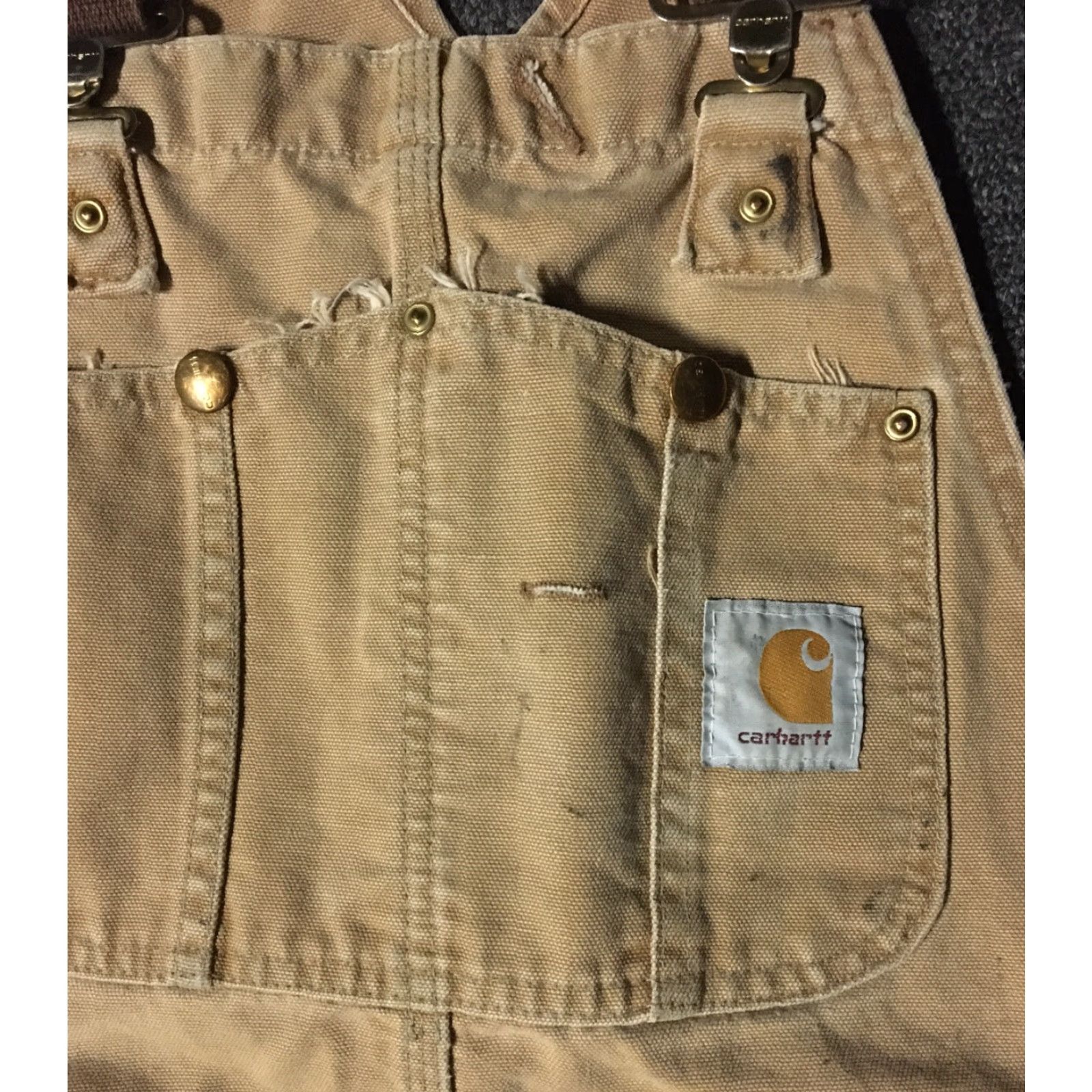 Carhartt VINTAGE Carhartt Overalls Shirt Mens 36 Tan 90s 80s Grunge Painter Biker USA Paint Distressed Double Knee"} Size US 36 / EU 52 - 5 Thumbnail