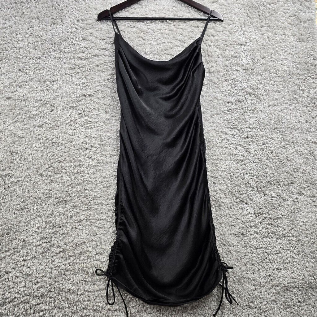Zara Slip Dress Medium Black Satin Drape Neck Tie Sides