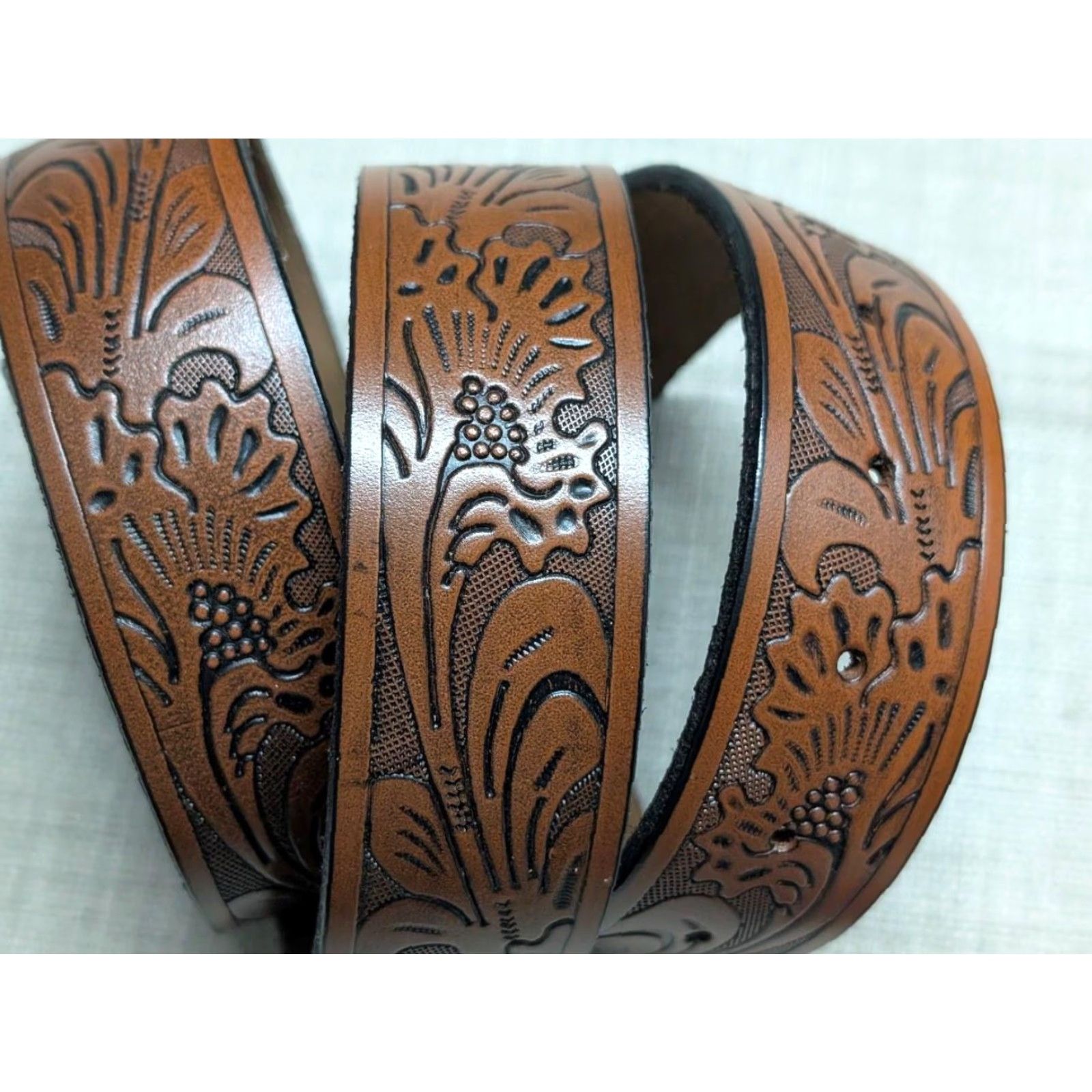 Vintage VINTAGE western belt belt - tooled leather brown 44 Men Buckle COWBOY rodeo Size 44 - 2 Thumbnail