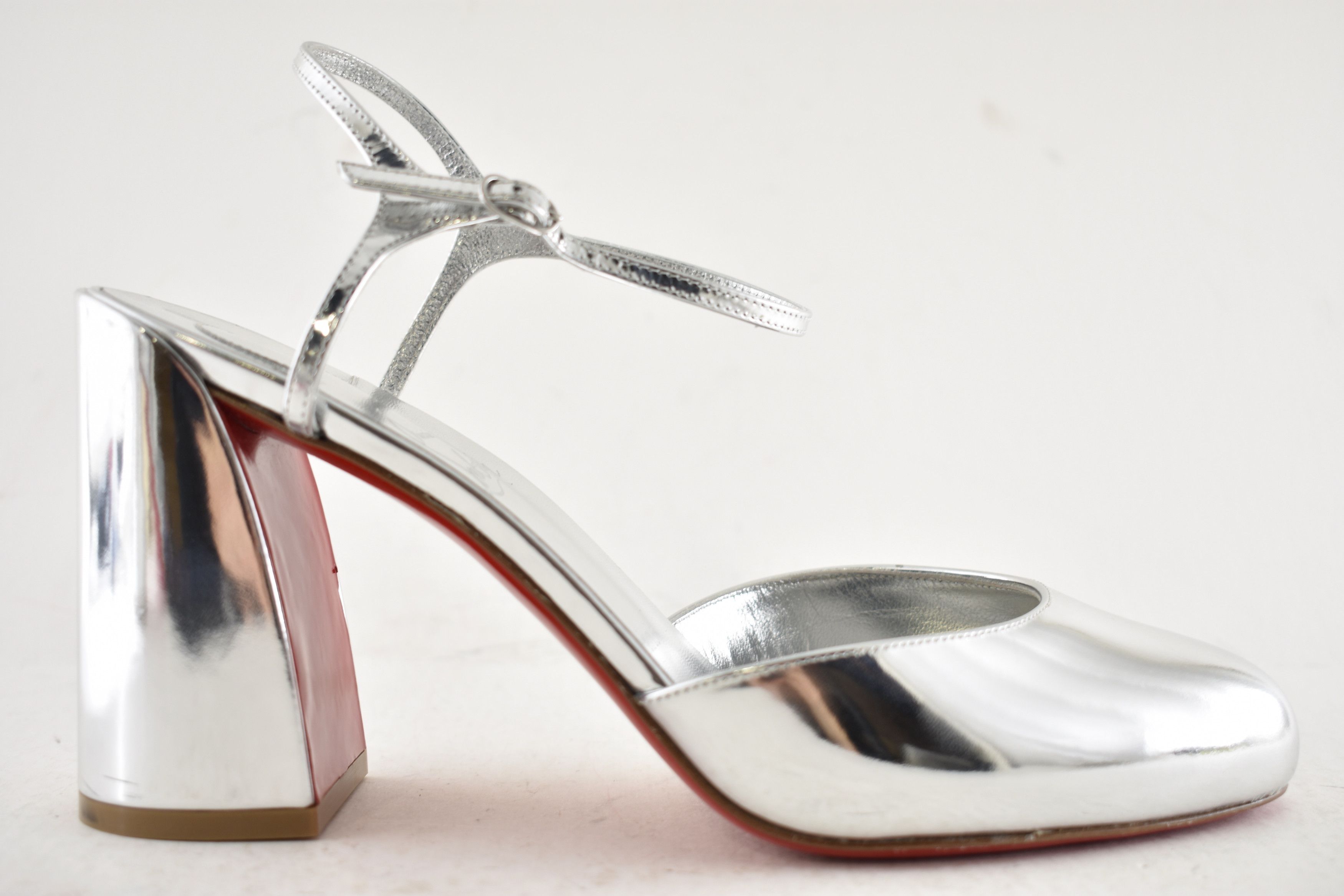 Christian Louboutin Jane Pump 85 Silver Leather Ankle Strap Block Heel Sandal 40 Size US 10 / IT 40 - 2 Thumbnail
